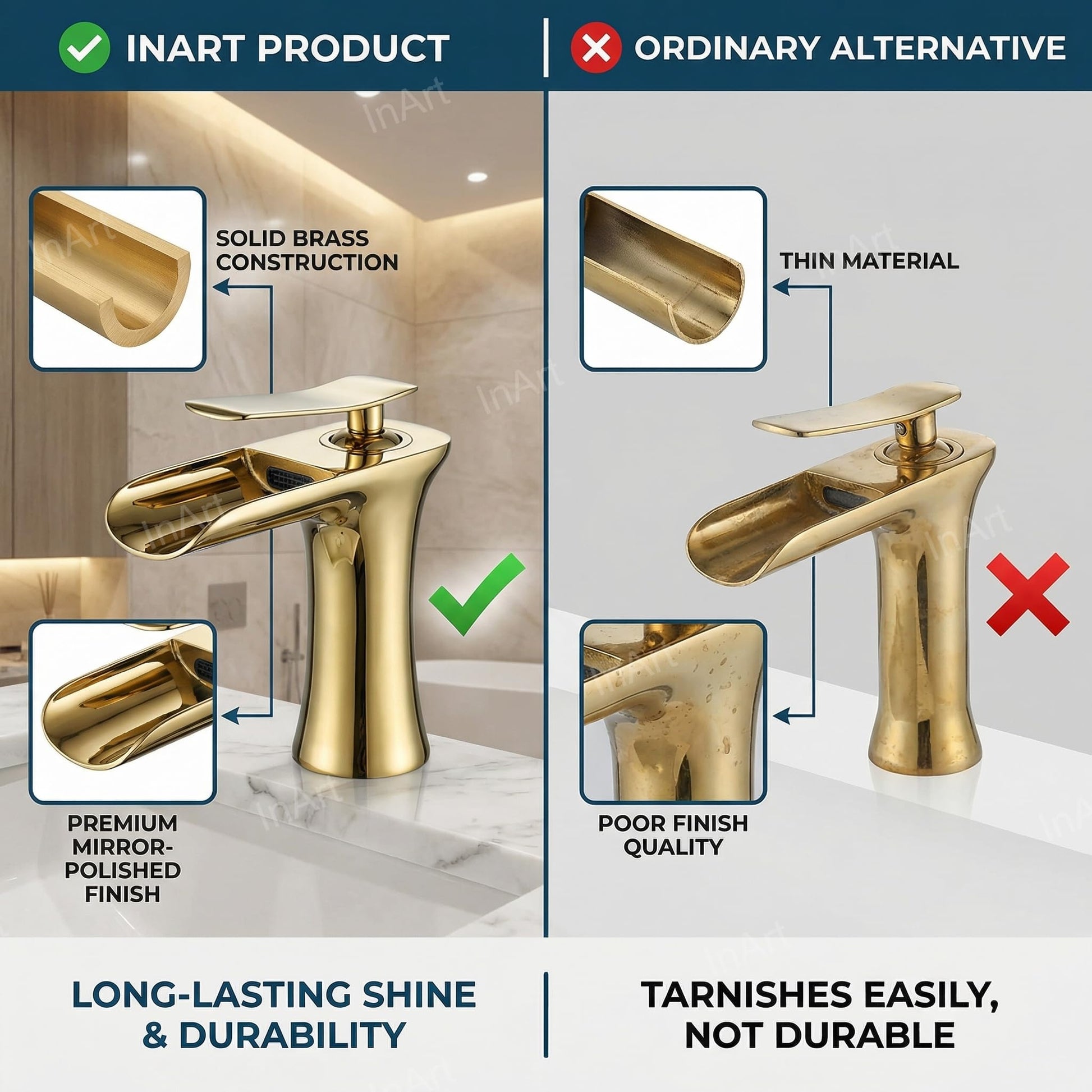 Water fall basin tap in golden brass, modern bathroom wash basin mixer installed look with sleek design