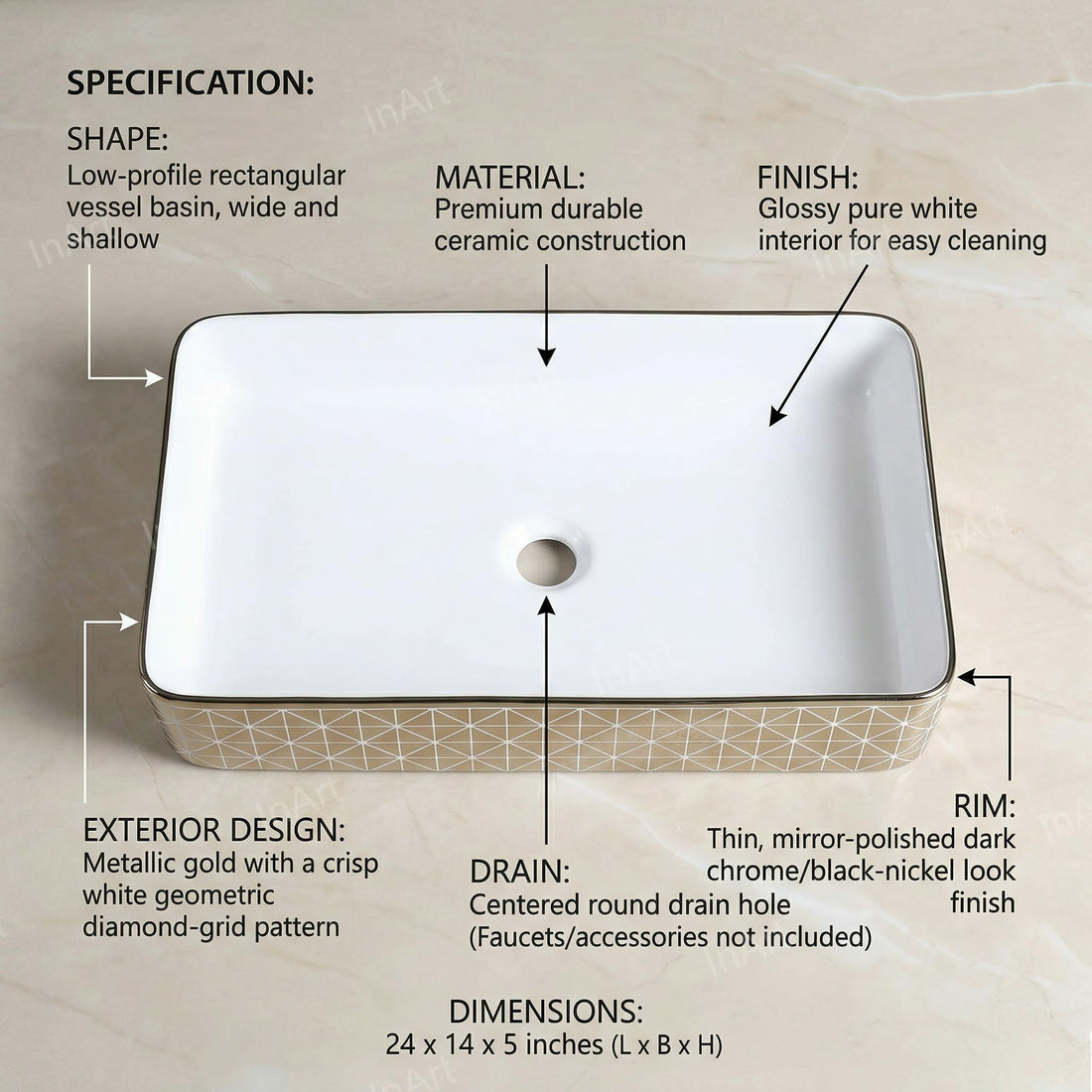 washbasindesign InArt ceramic rectangular table top wash basin in glossy gold finish, front view