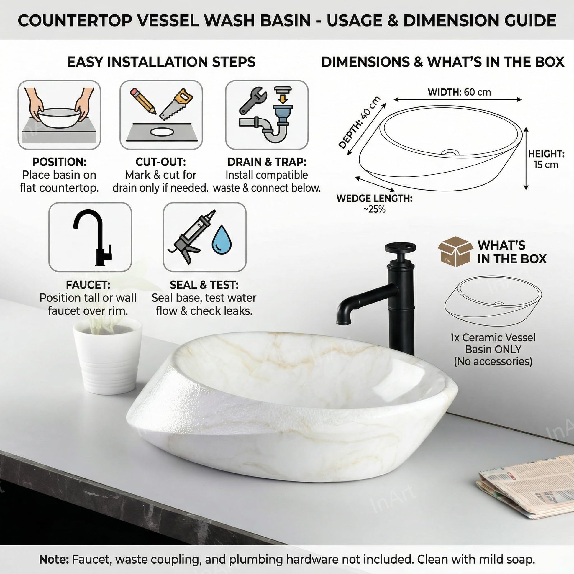 Buy wash basin online: InArt oval ceramic countertop wash basin in glossy marble finish styled in bathroom interior
