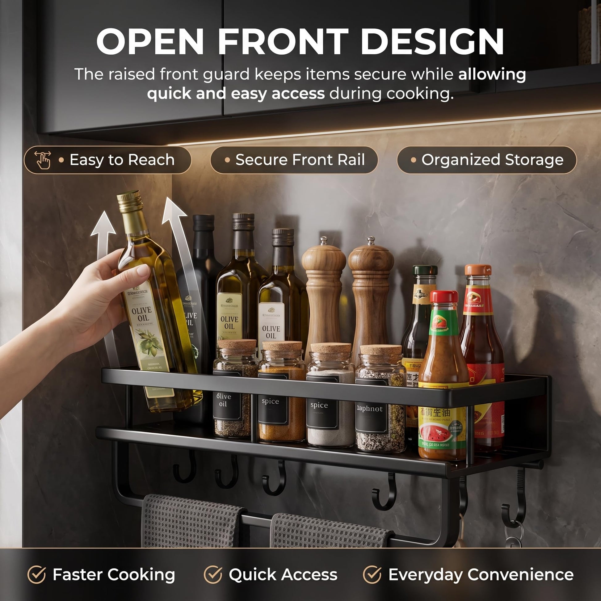 Integrated towel bar under shelf for kitchen towel or cleaning cloth