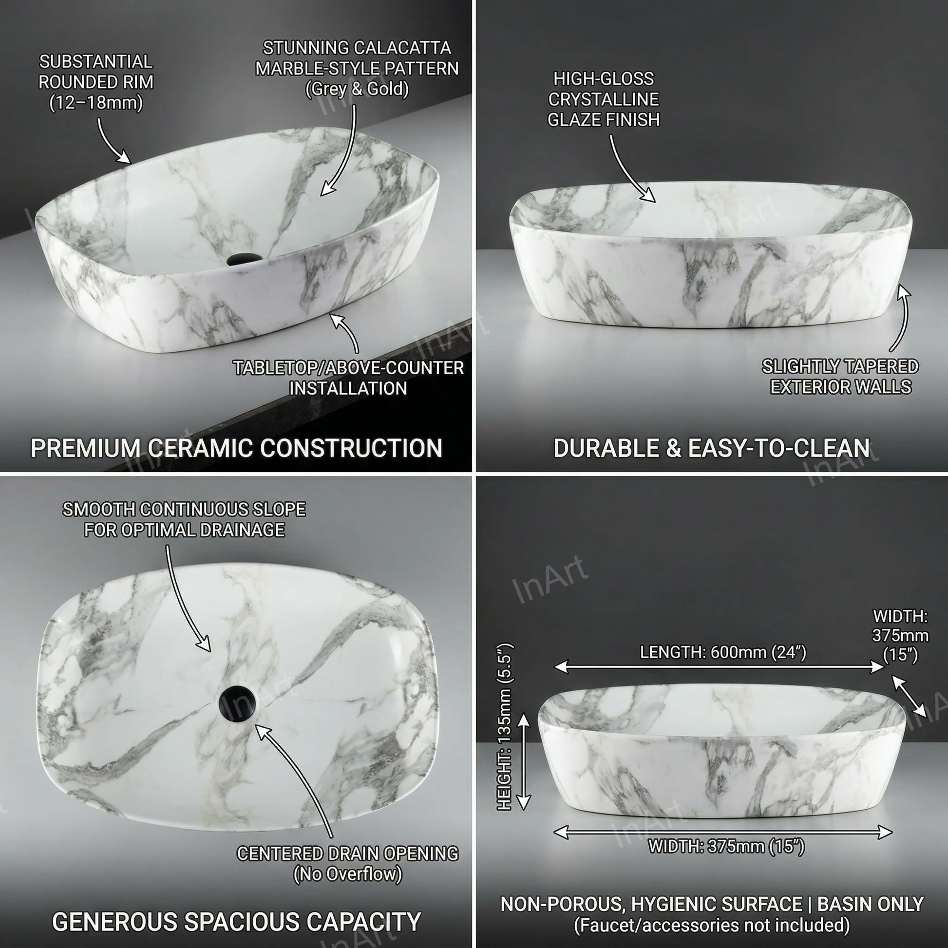 Modern table top wash basin design for bathroom, side angle showing slim rim and rectangular ceramic shape