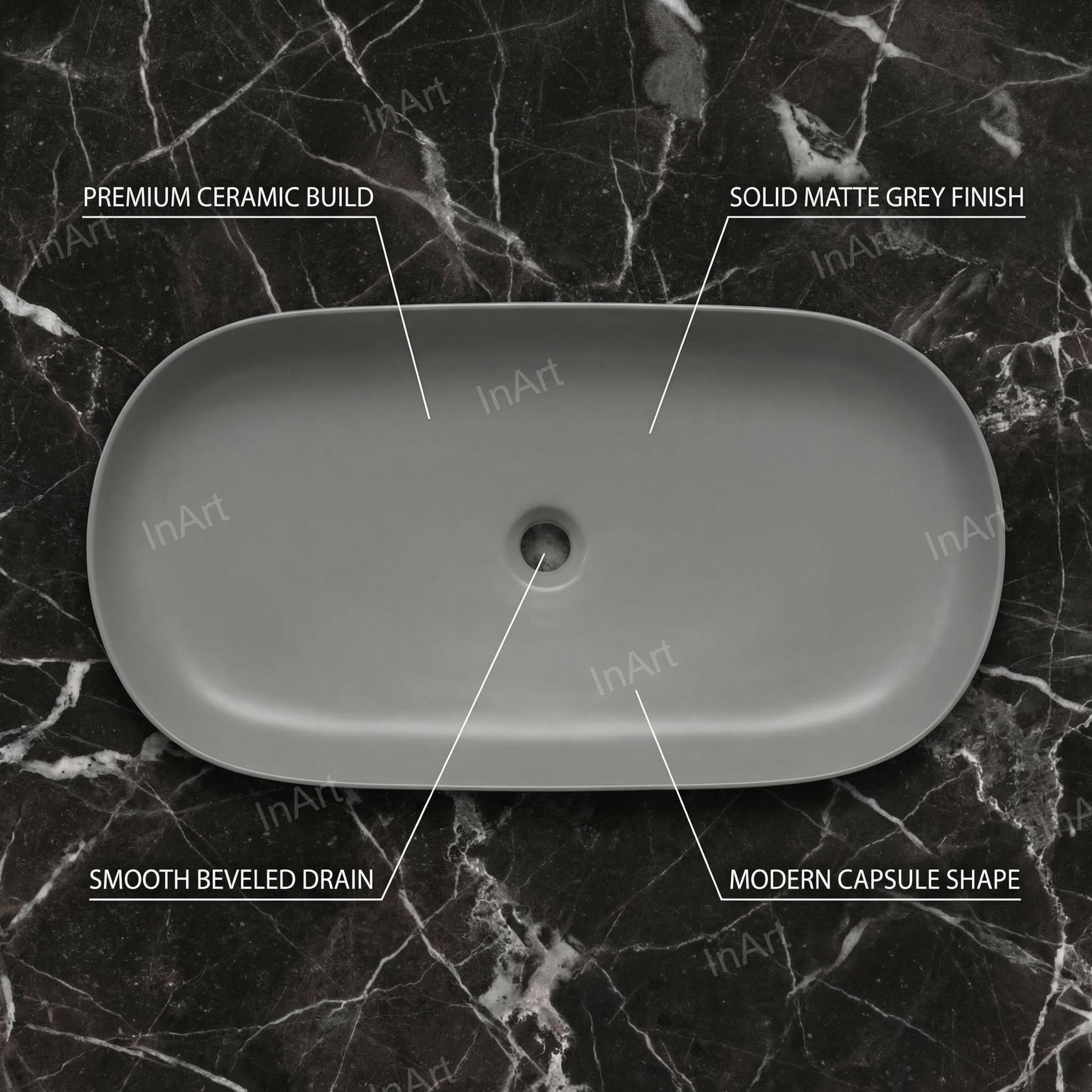 Matt grey table top basin design in ceramic, rectangular counter top wash basin, angled view