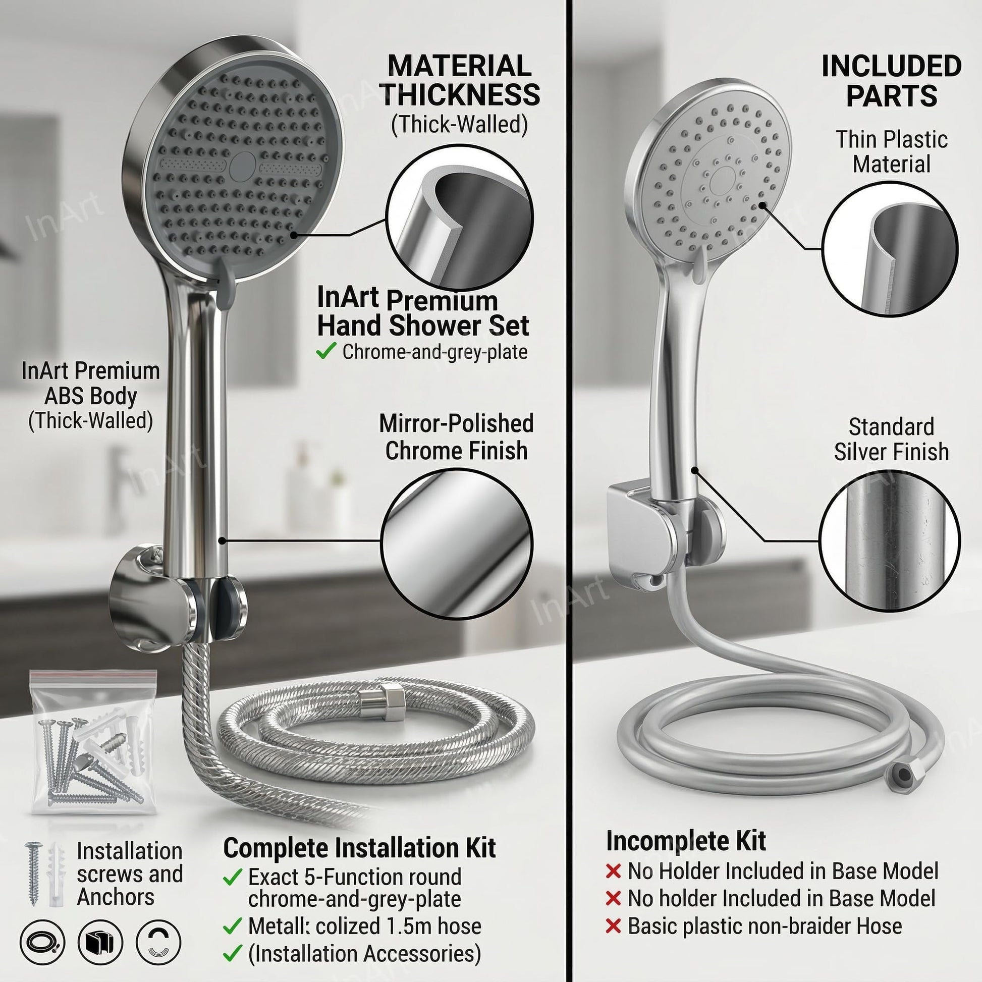 Telephone shower set style handheld shower in chrome, ABS round 5-function handset with wall hook
