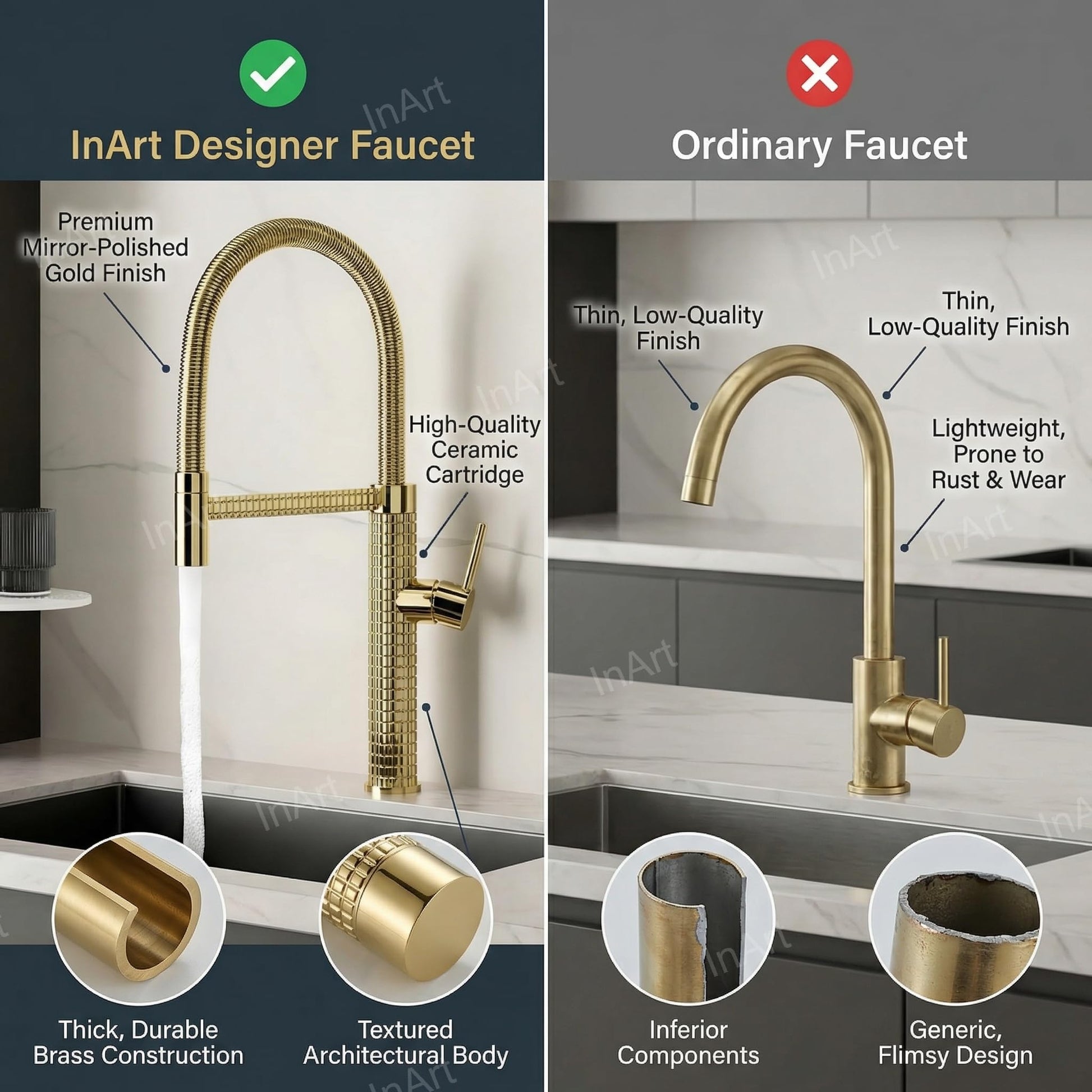 InArt pull out kitchen sink tap with multitask spray modes, 360 swivel high arc spring neck in gold finish
