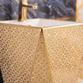 Pedestal wash basin designs with glossy white bowl and gold base, close-up rim and finish detail