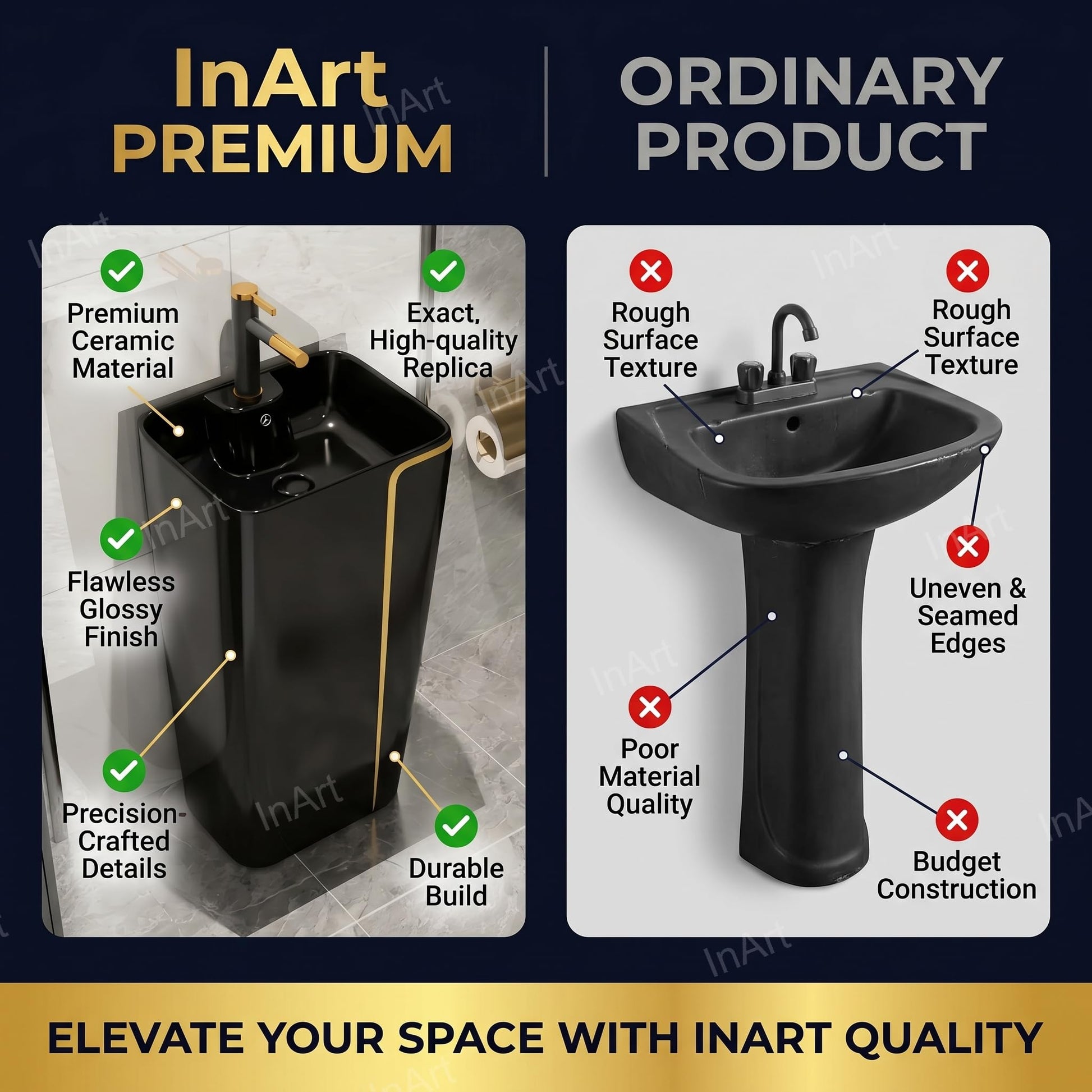 InArt free standing pedestal wash basin, black ceramic wash basin design with slim pedestal for living room wash area