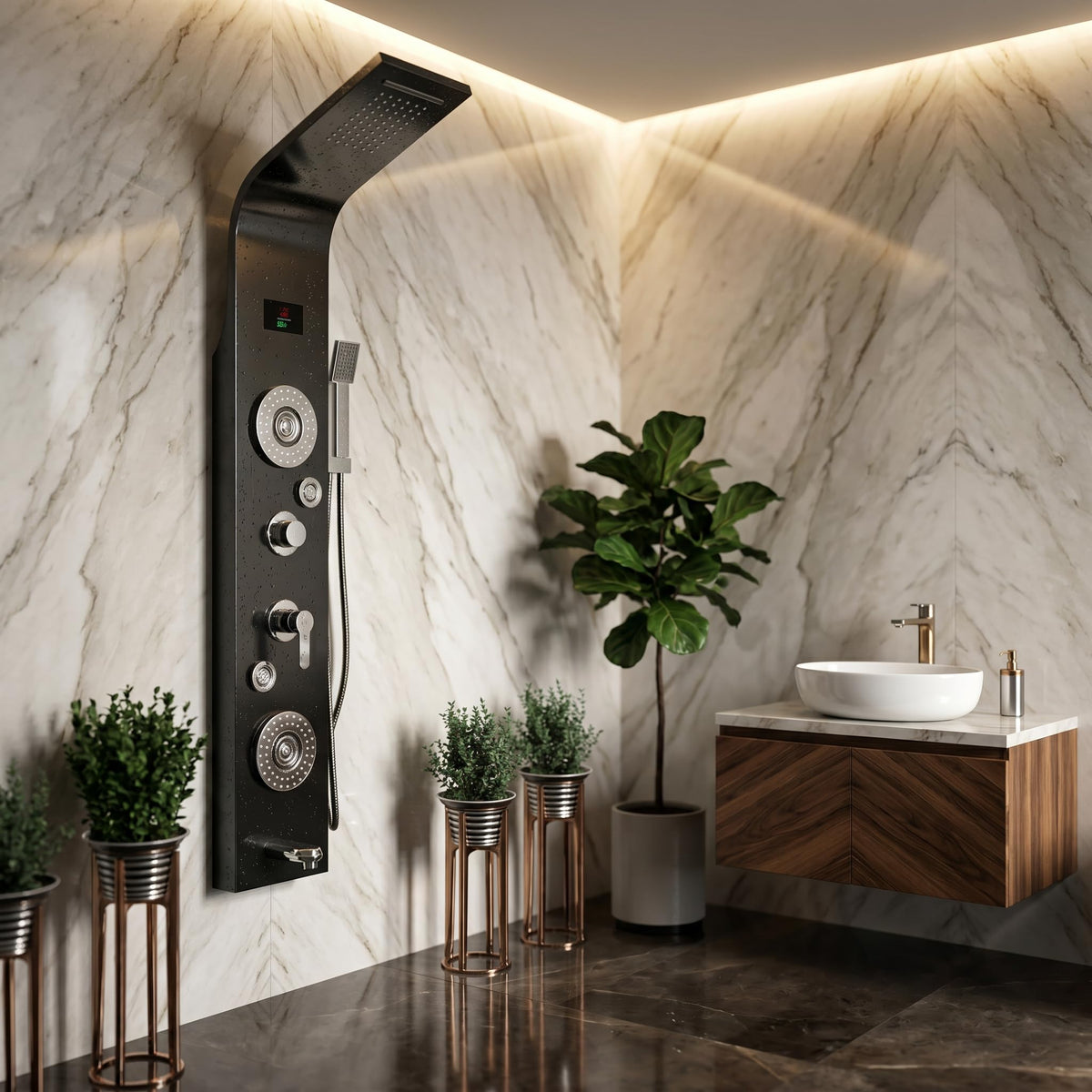 Modern bathroom shower panel tower system in matte black, side angle with waterfall outlet and tub spout