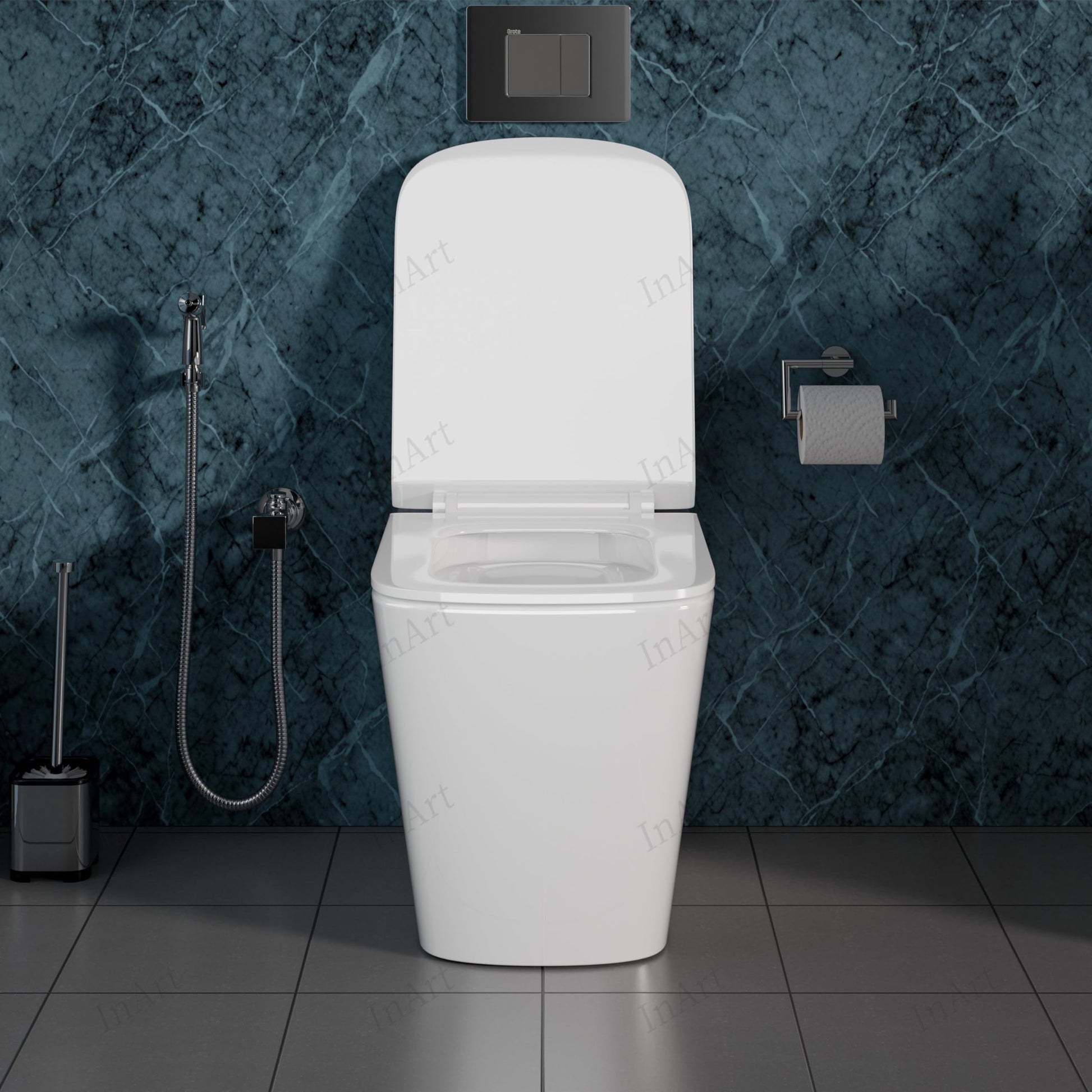Close-up of S-trap outlet and base on ceramic floor mounted western toilet, neat fit for Indian washrooms