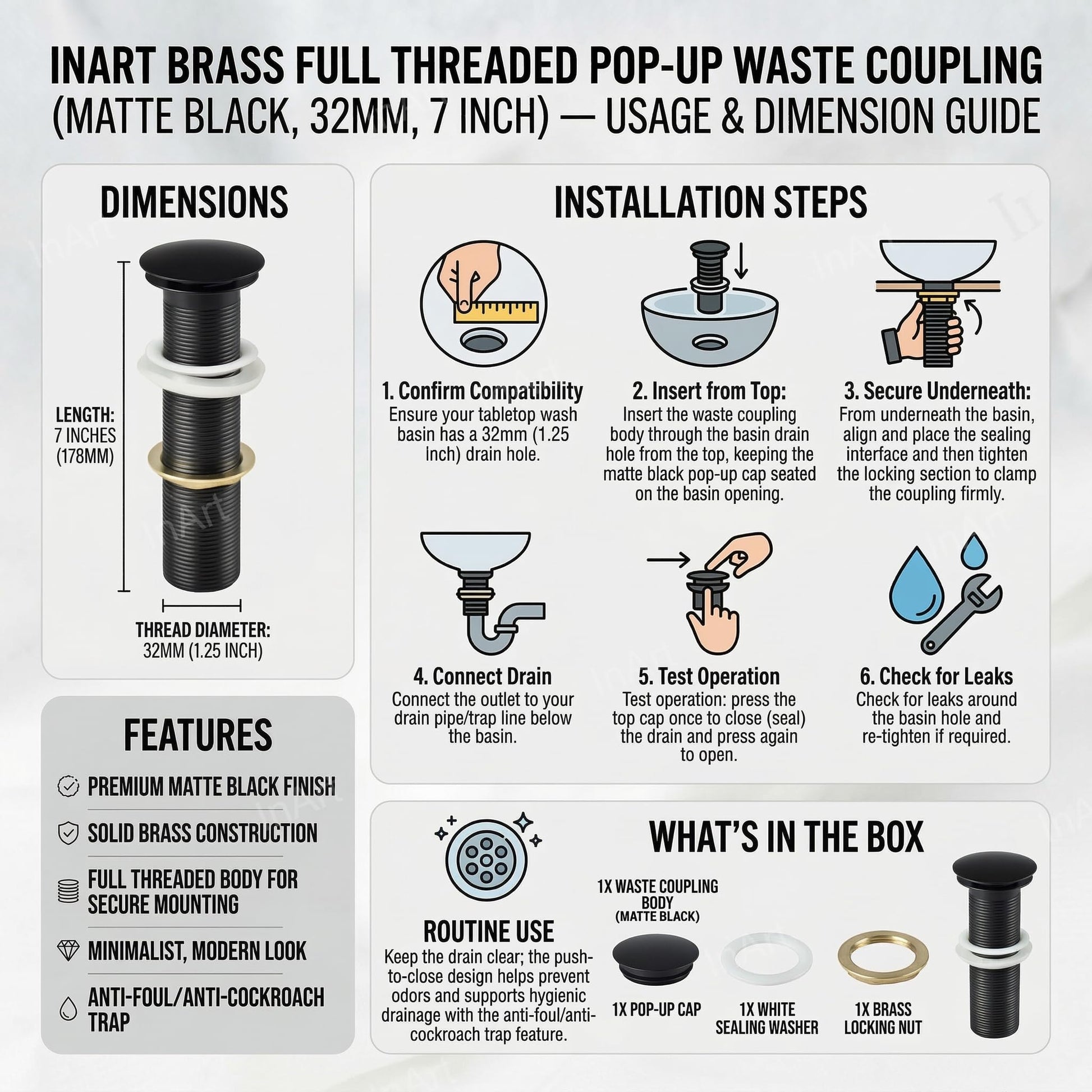 Pop up waste for wash basin in matte black, detail of sealing ring and threaded connection for leak-free fit