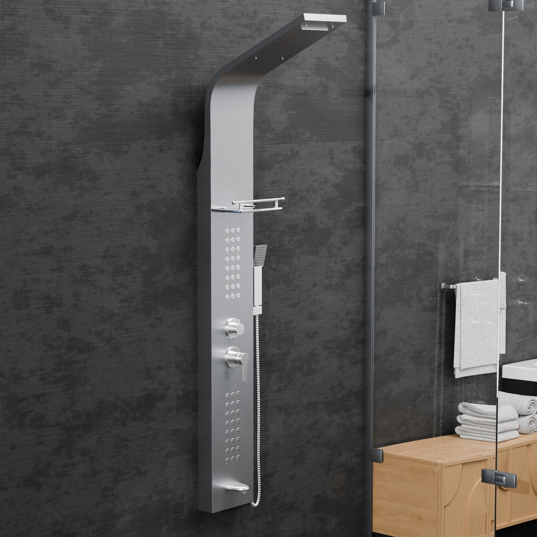 InArt wall mounted shower panel system in 304 stainless steel, rectangular brushed chrome tower front view