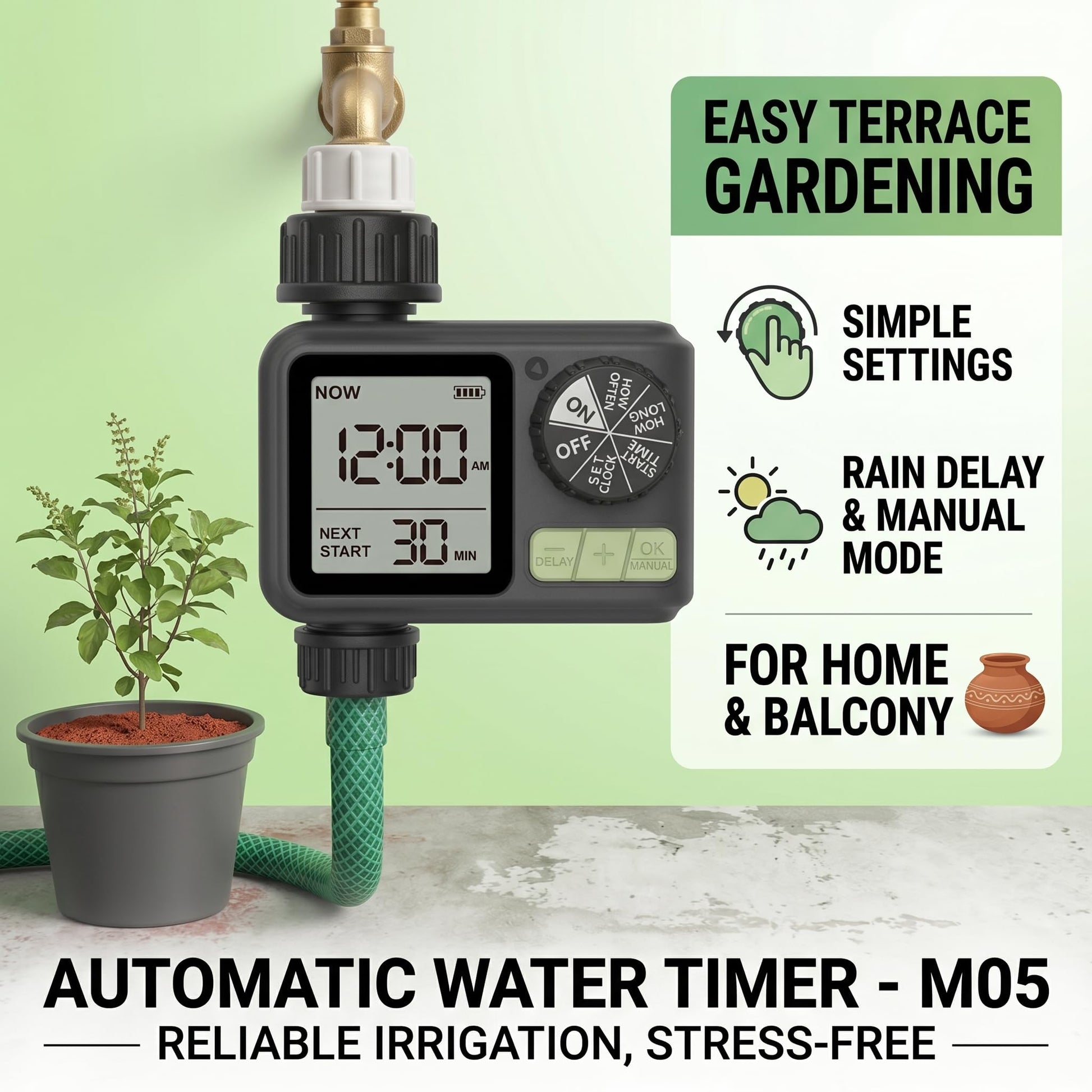 Garden watering timer for sprinkler and drip line connection at tap outlet