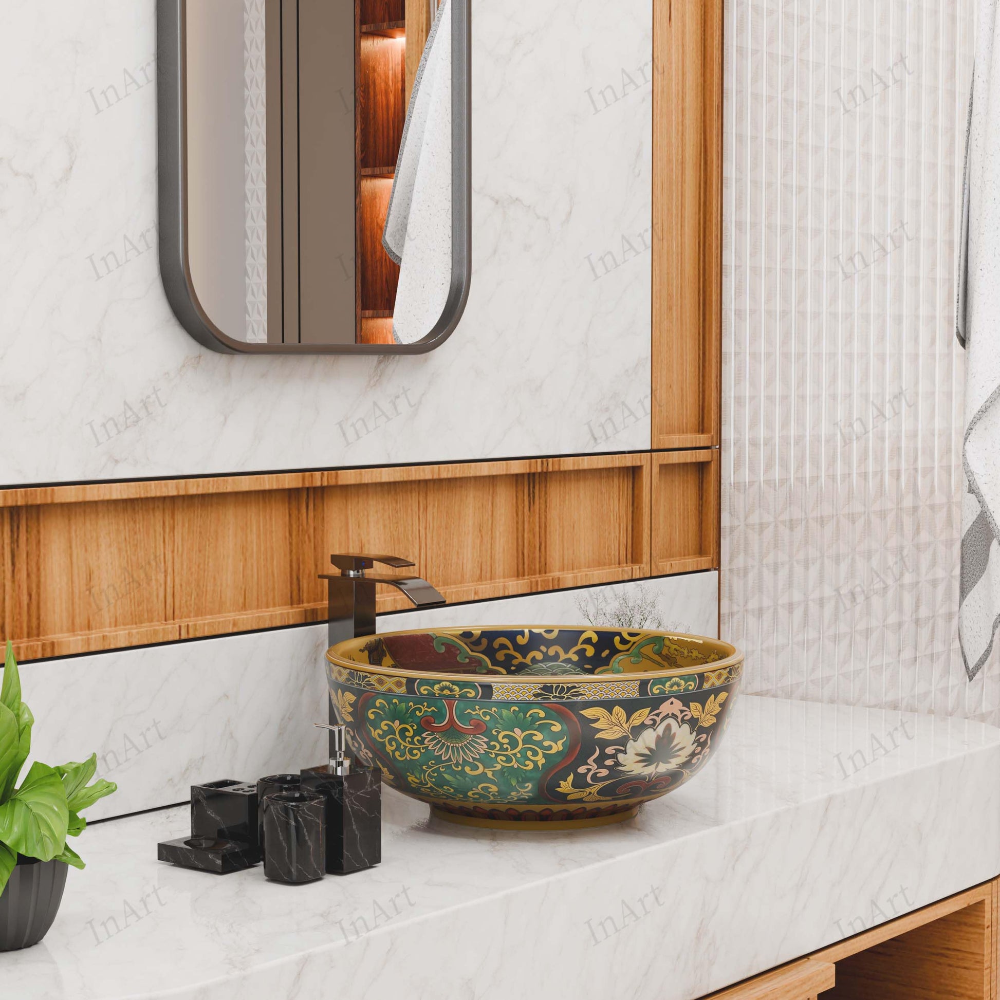 Luxurious bathroom sinks style round table top wash basin with Moroccan art pattern, premium ceramic finish