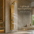 Shower panel with mixer and diverter in brushed gold, close-up of brass mixing valve and selector dial