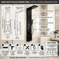 Body massage spray jets on matte black shower panel, 304 grade stainless steel close-up
