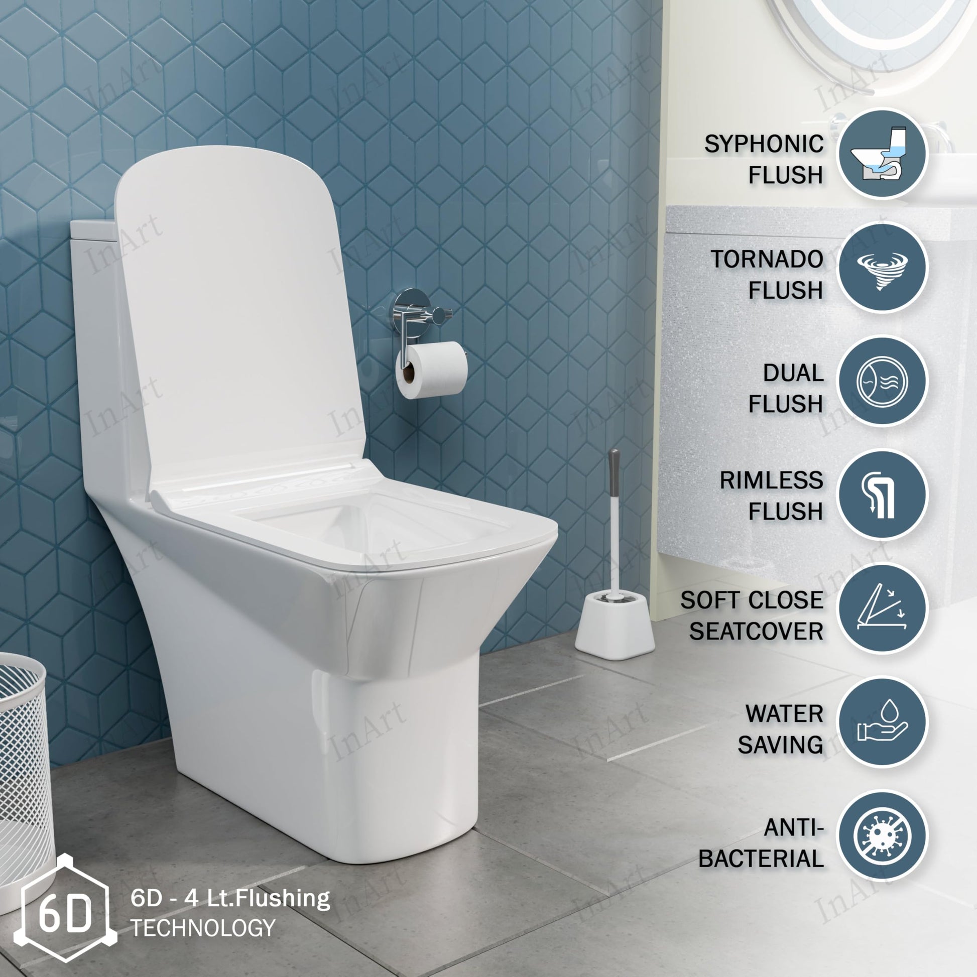 S trap western toilet 9 inch distance one piece commode, floor mounted ceramic water closet, rear outlet view