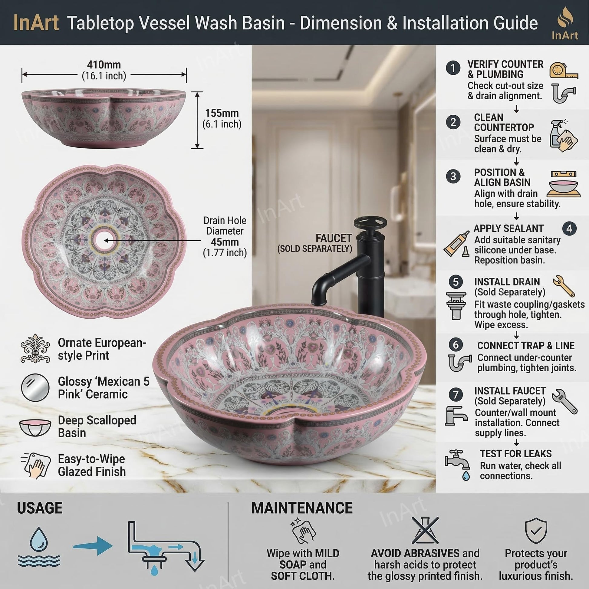 Wash basin design table top for bathroom, round glossy pink basin with wide rim, top view