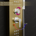 Gold shower tower panel for bathroom, rectangular wall-mounted shower panel tower system, angled view