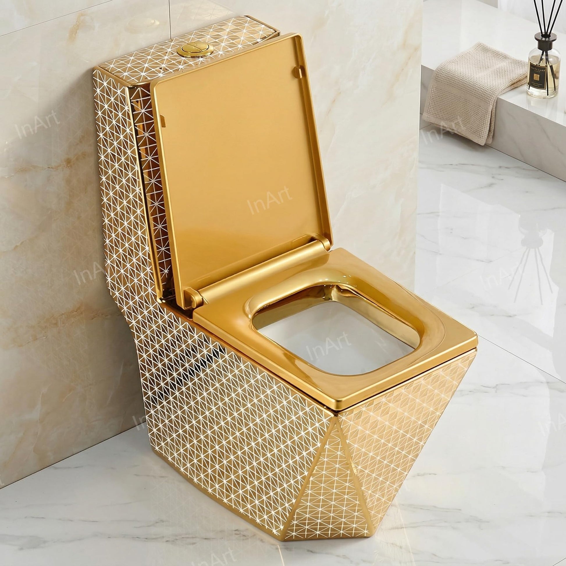 Gold one piece western toilet commode, ceramic floor mounted water closet with S-trap outlet, 3/4 angle view