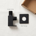 Premium sanitaryware angle valve black, brass wall mounted stop cock with flange, front angle product shot