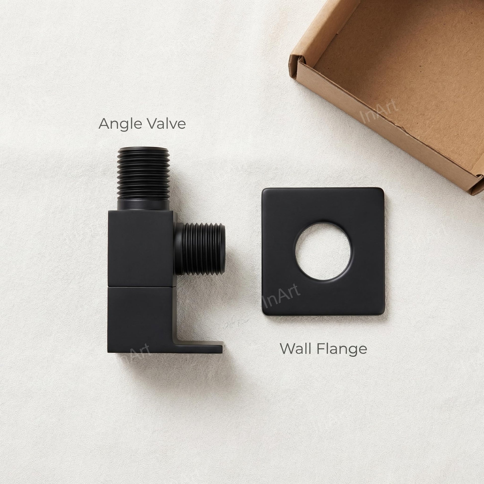Premium sanitaryware angle valve black, brass wall mounted stop cock with flange, front angle product shot