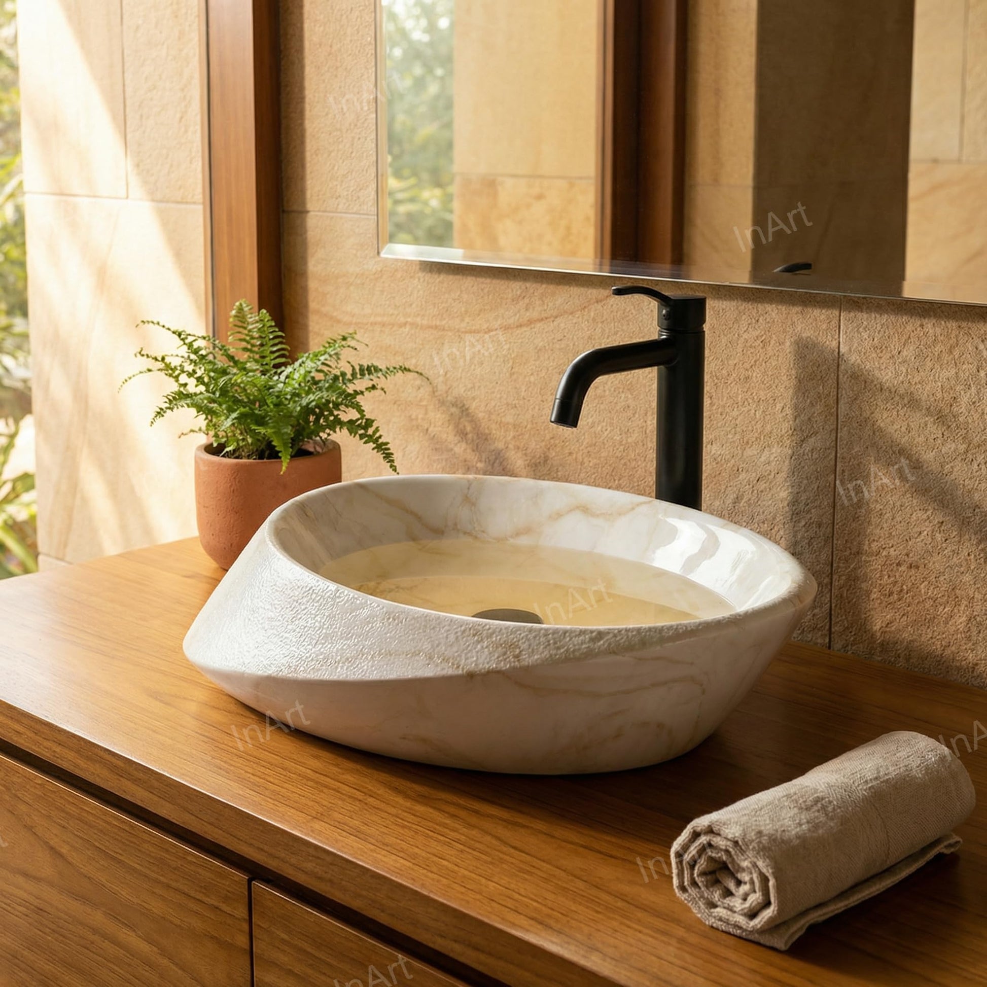 InArt premium sanitaryware countertop wash basin, glossy marble finish oval basin close-up of smooth rim