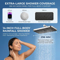 Modern rainfall shower head installed on overhead arm in bathroom setting
