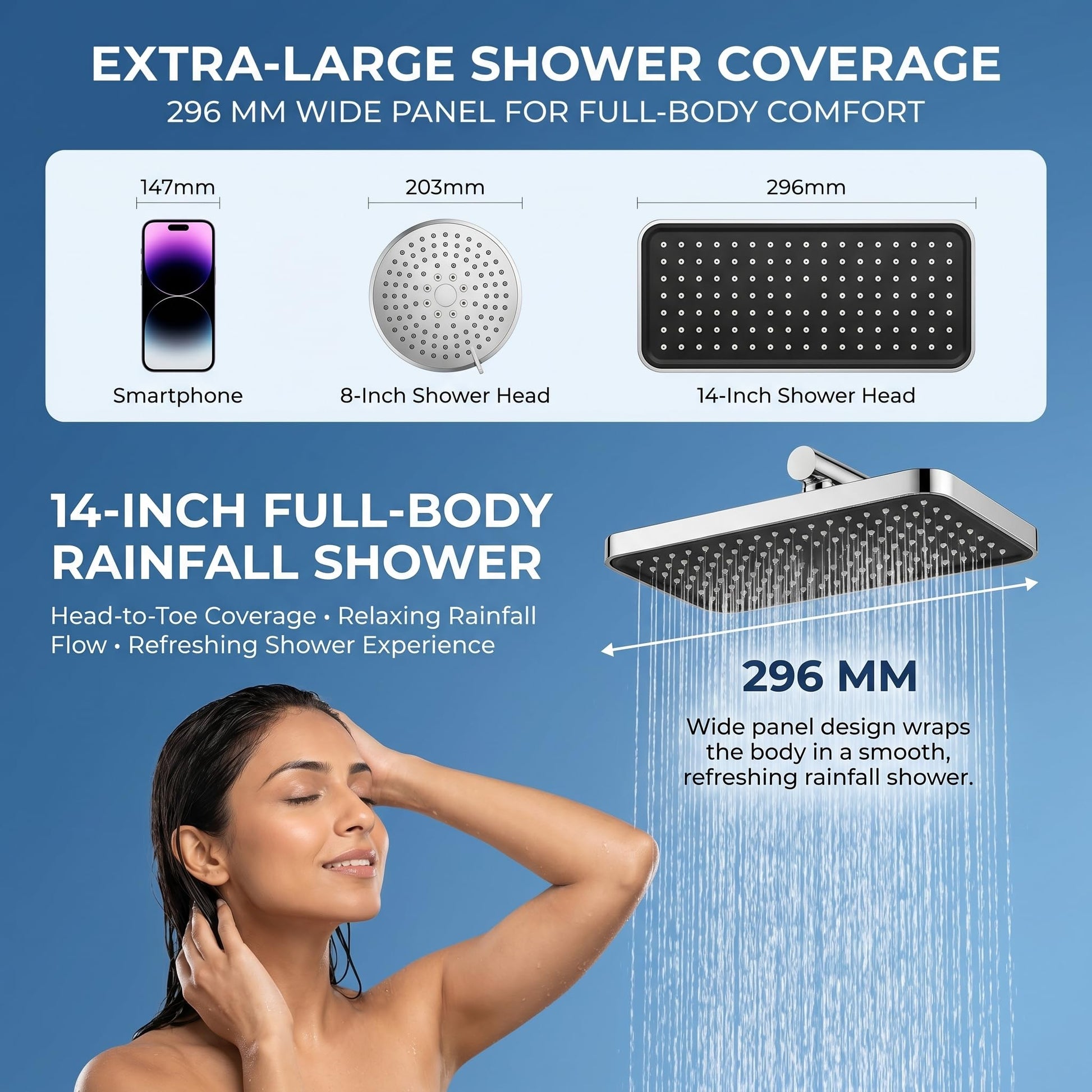 Modern rainfall shower head installed on overhead arm in bathroom setting