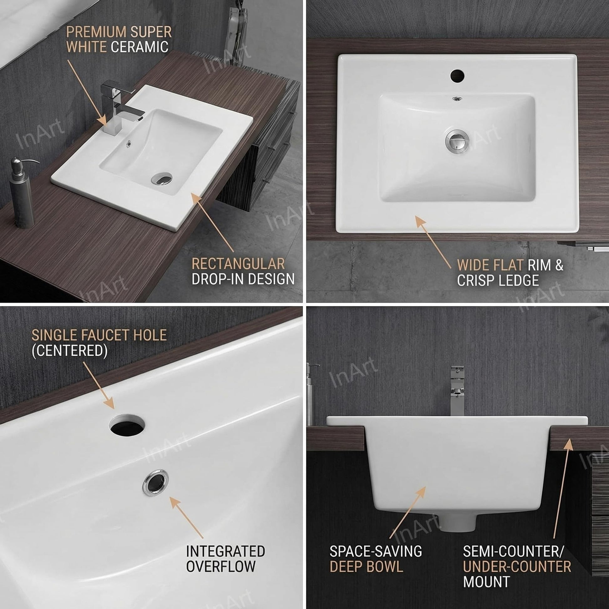 Designer rectangular ceramic wash basin for bathroom, InArt semi under counter basin in super white, side angle