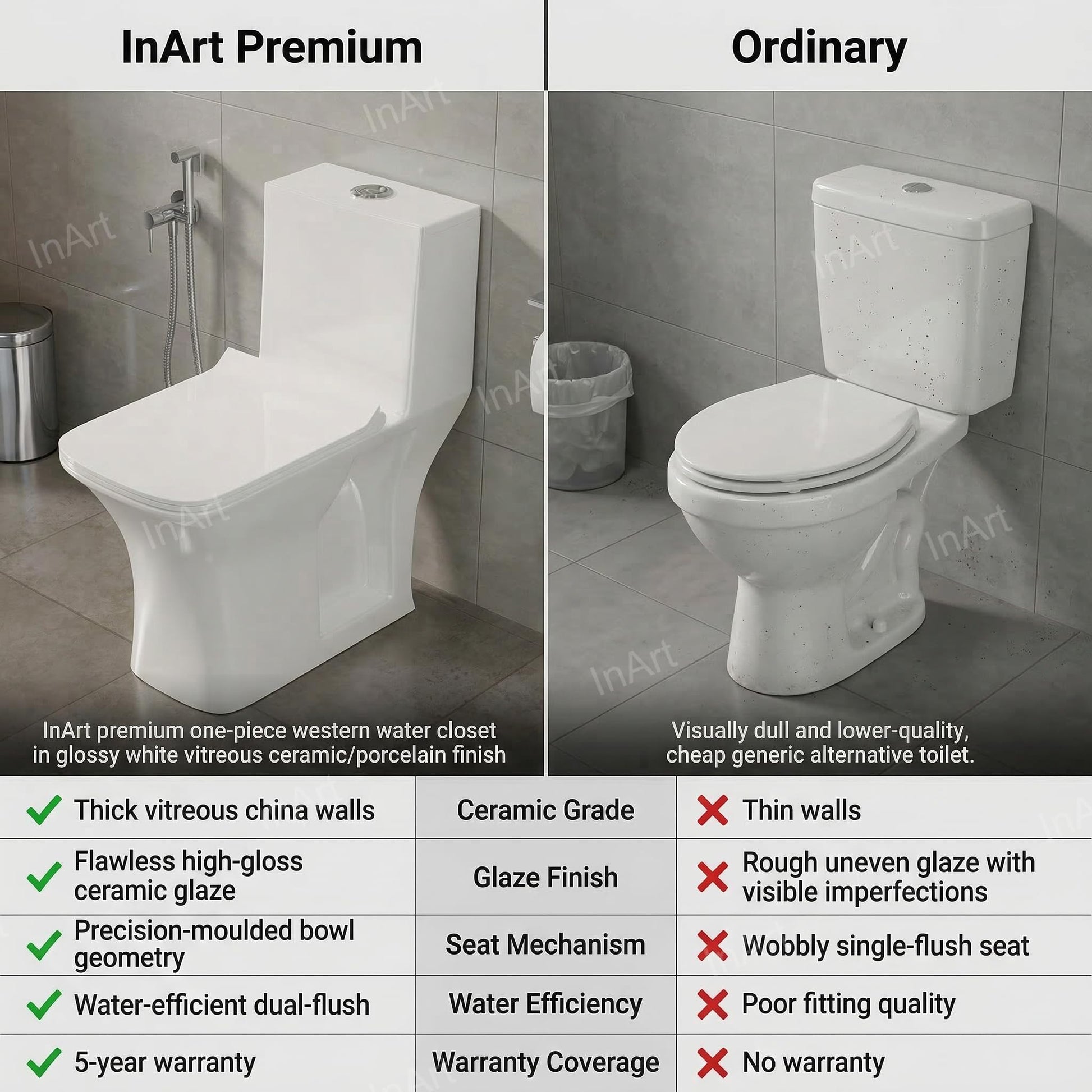 InArt ceramic western toilet one piece with 10 years warranty, premium glossy white commode for modern washroom