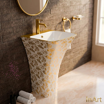InArt ceramic rectangular pedestal wash basin designs in glossy gold white, one piece free standing front view