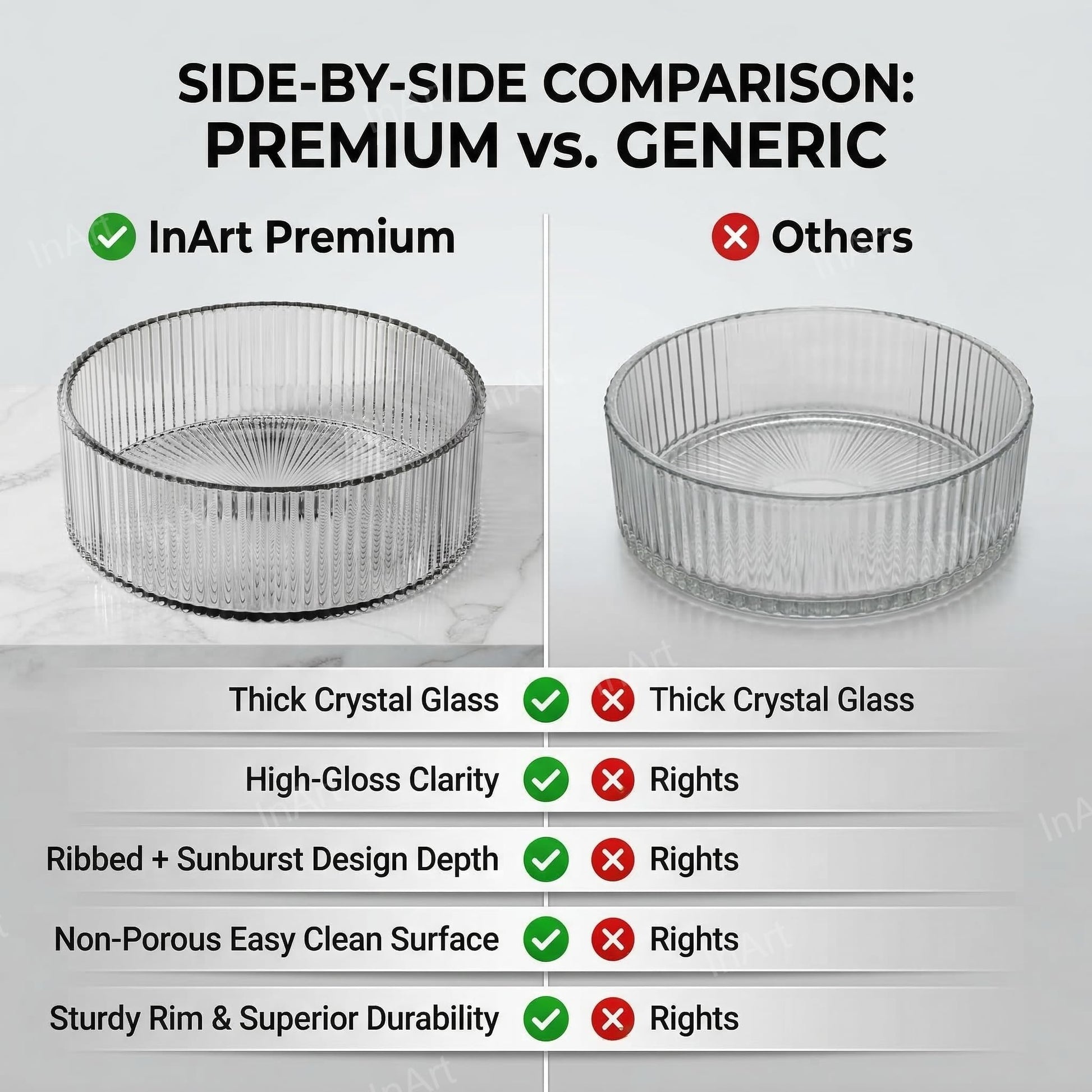 InArt clear glass bathroom sink bowl, smooth transparent finish, top view showing round shape