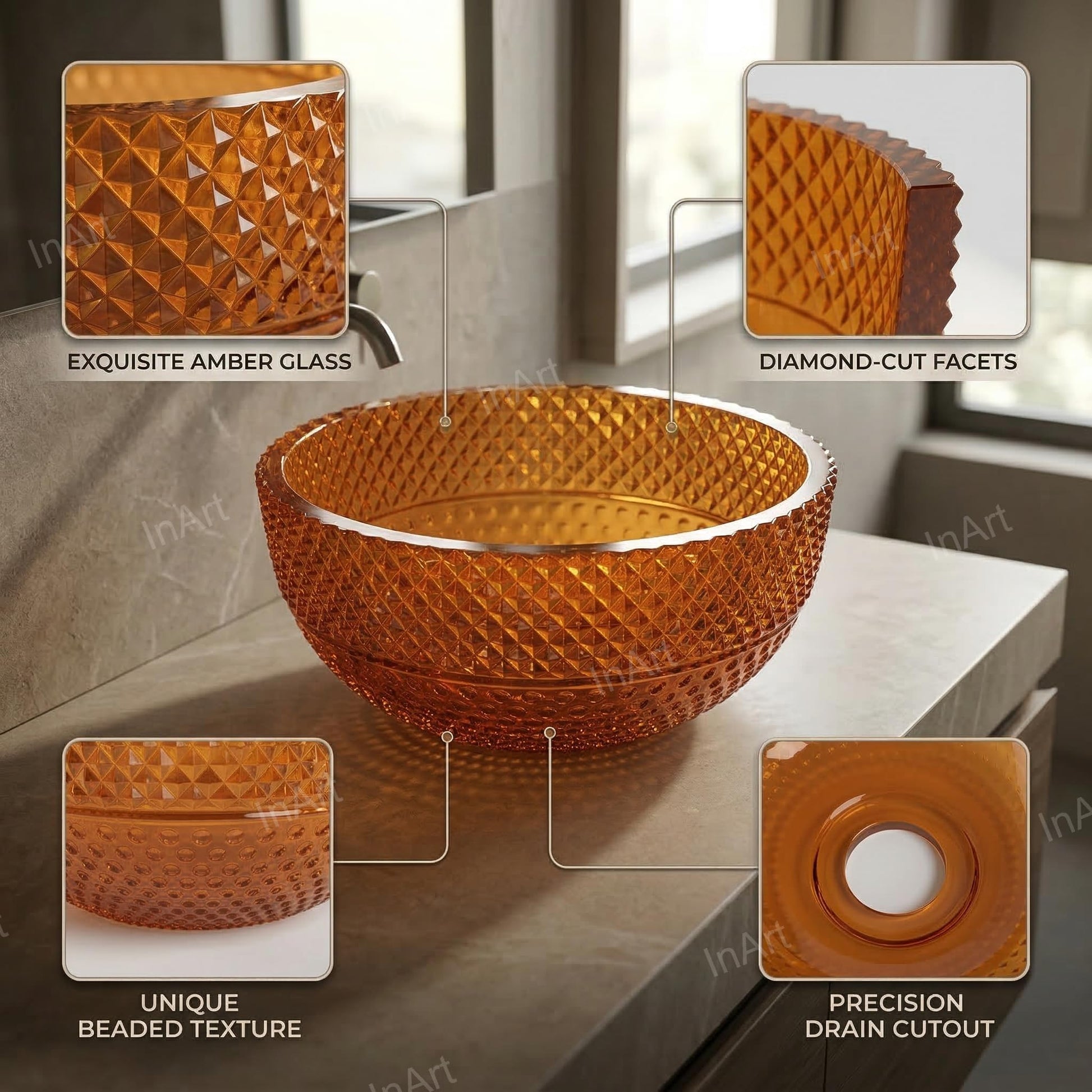 Modern round glass wash basin design in amber tinted glass, tabletop basin side angle