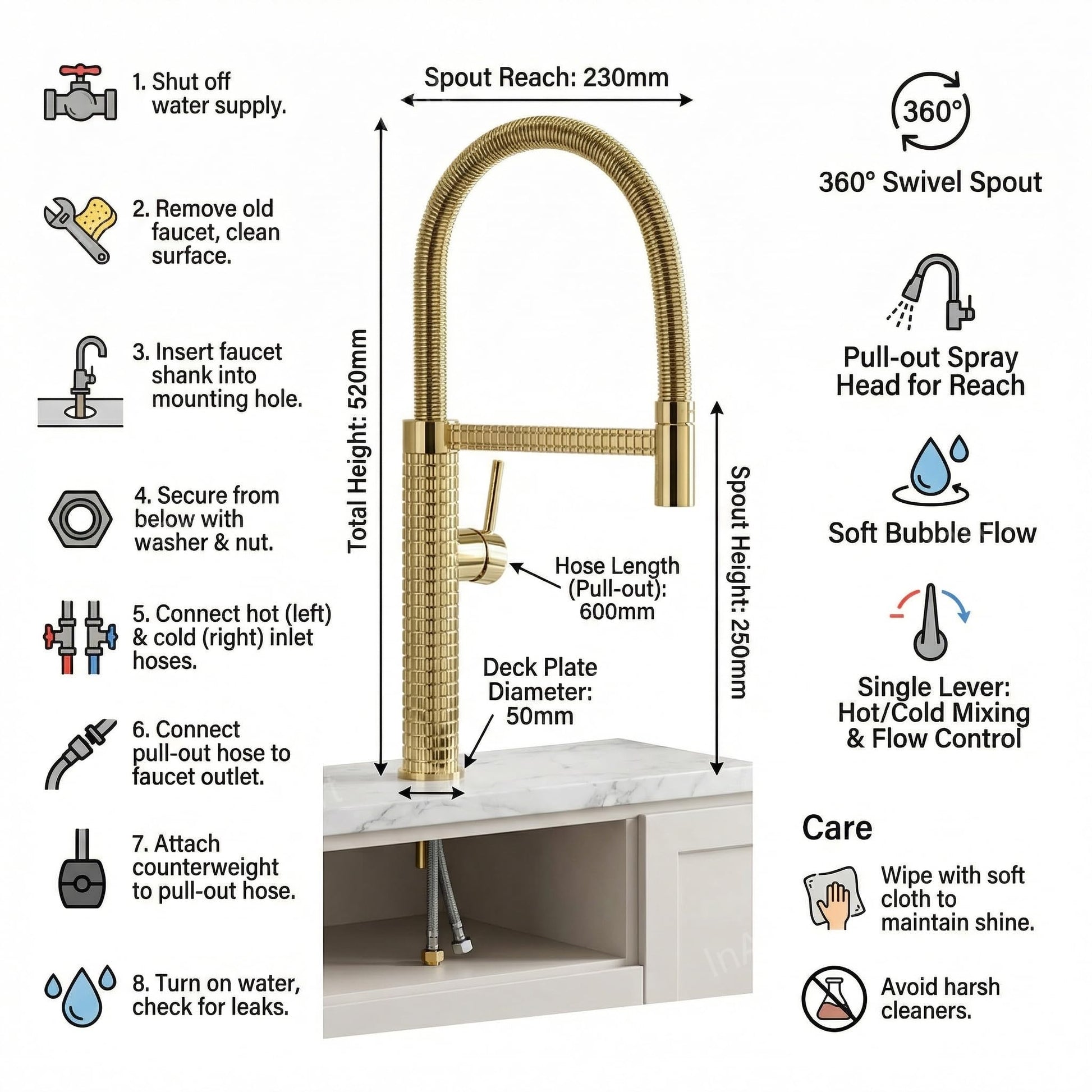 Pull out spray tap kitchen with single lever mixer tap and flexible hose, gold finish brass sink mixer close-up