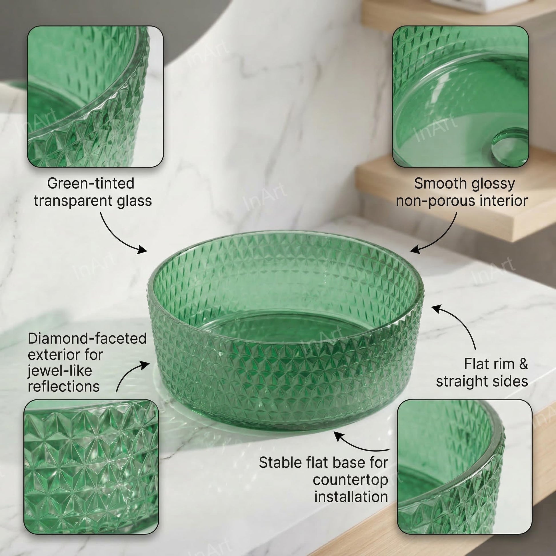 Modern round table top wash basin glass design in glossy green, side angle showing curved rim