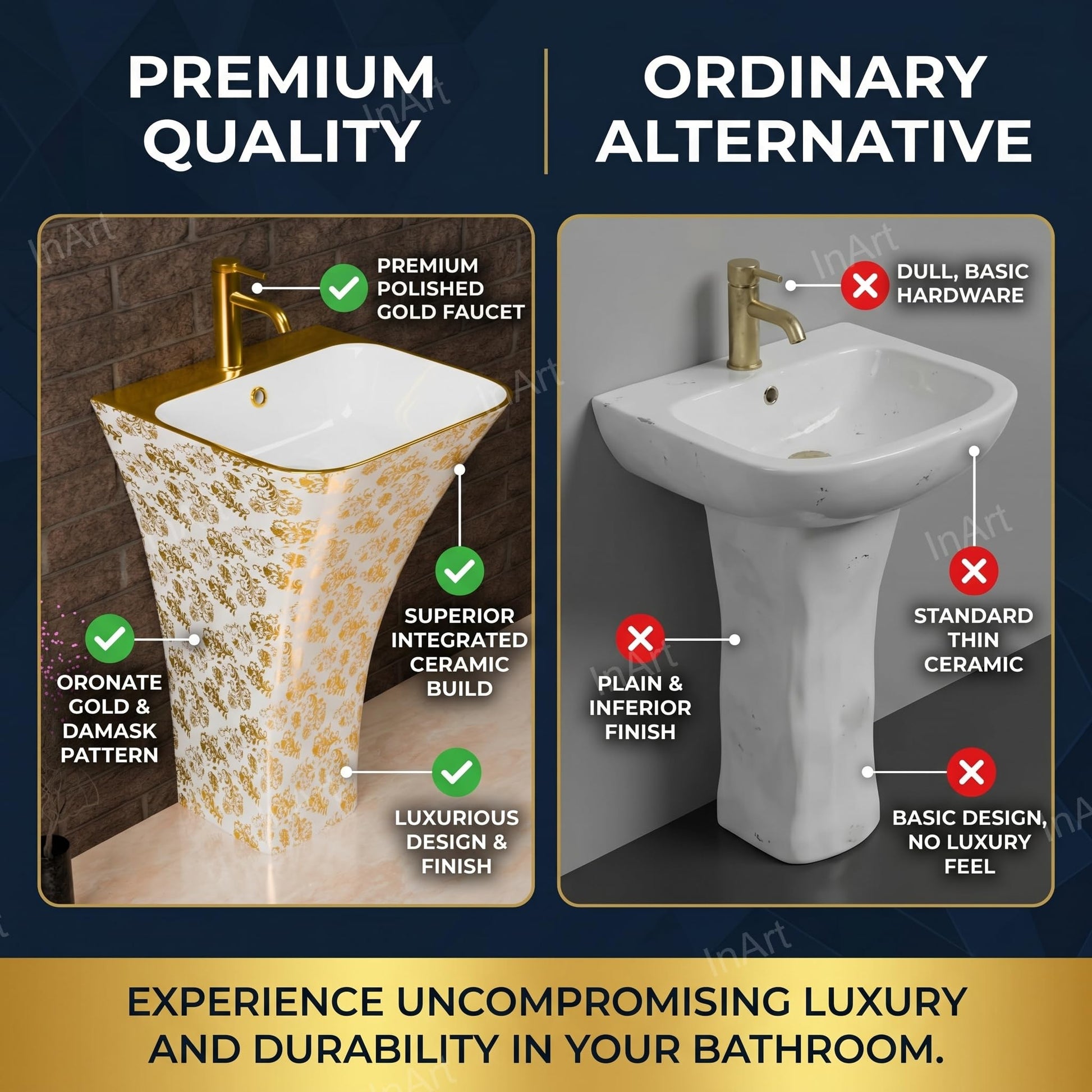 Rectangular pedestal wash basin online choice, fancy bathroom sink in glossy gold white ceramic with pedestal