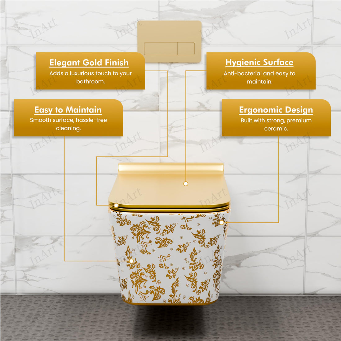 InArt ceramic square wall mounted commode with golden leaf pattern, wall hung western toilet front view