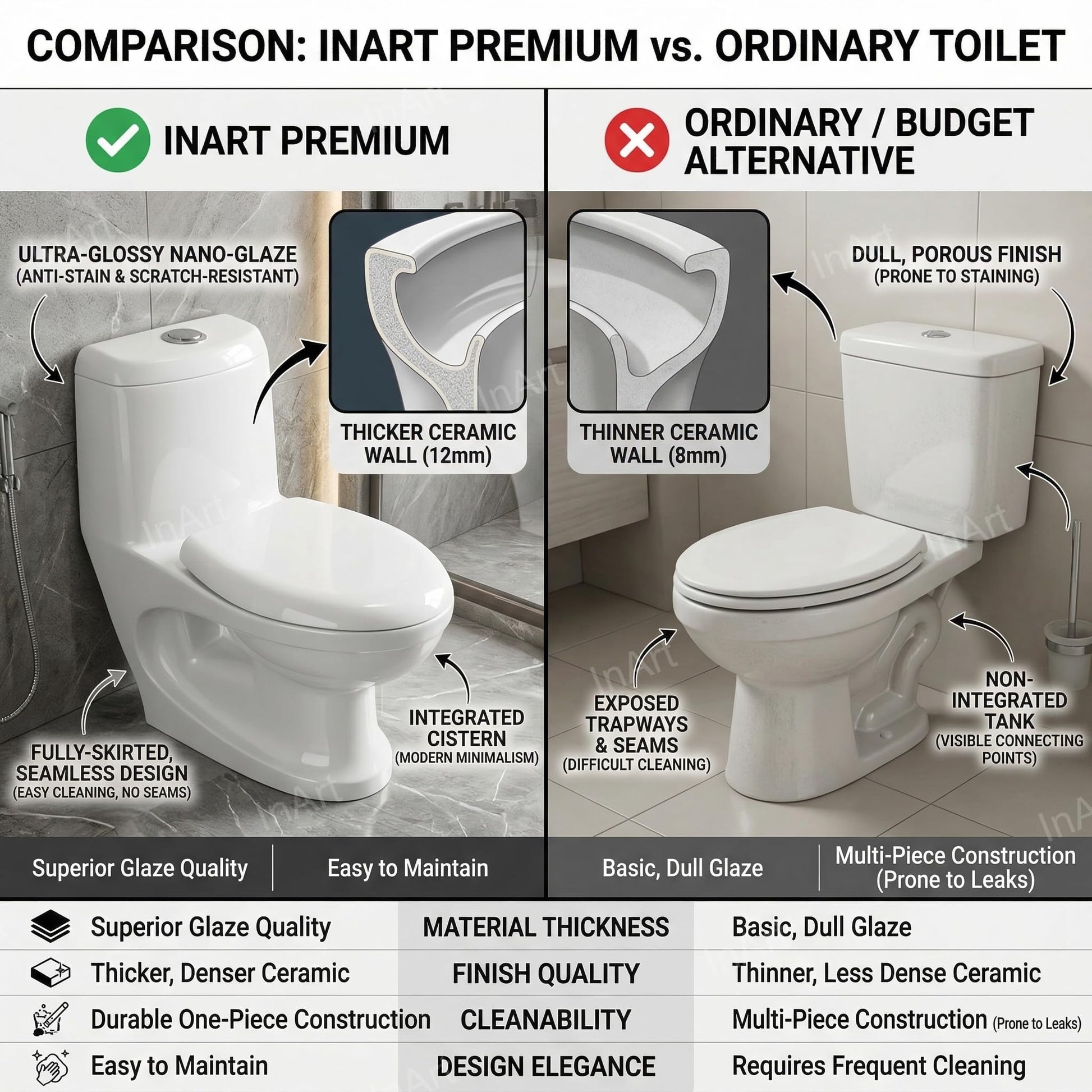 InArt European commode toilet one piece, glossy white oval ceramic, ideal for modern bathroom interior setup
