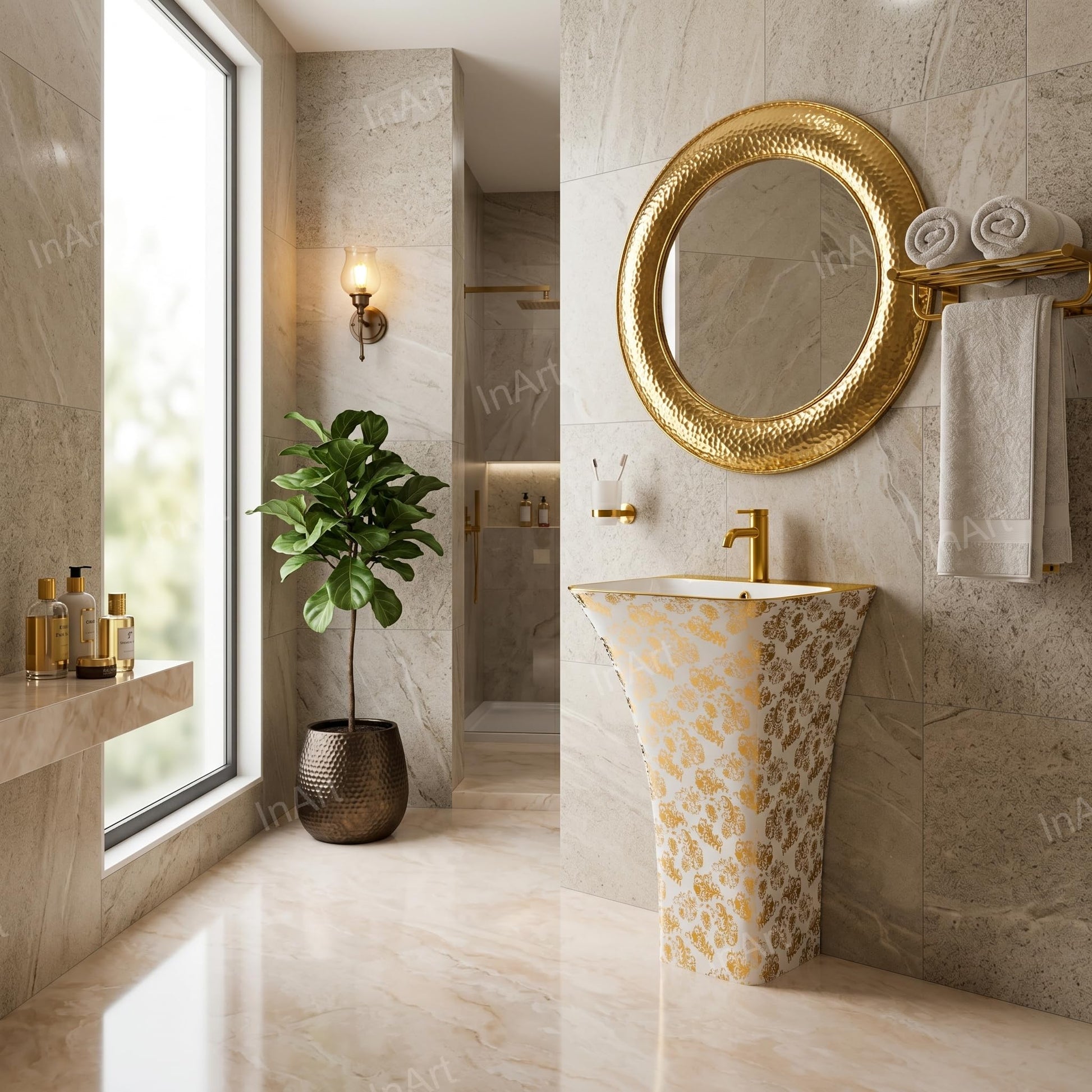 Ceramic one piece wash basin with integrated full pedestal, gold white glossy finish for luxury bathroom sinks