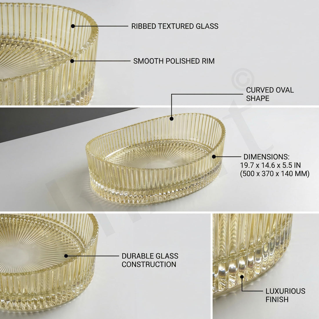 InArt hindware table top wash basin style, glossy gold oval glass countertop basin, front view