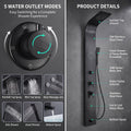 Rainfall and mist shower head detail on matte black shower tower for premium bathroom upgrade