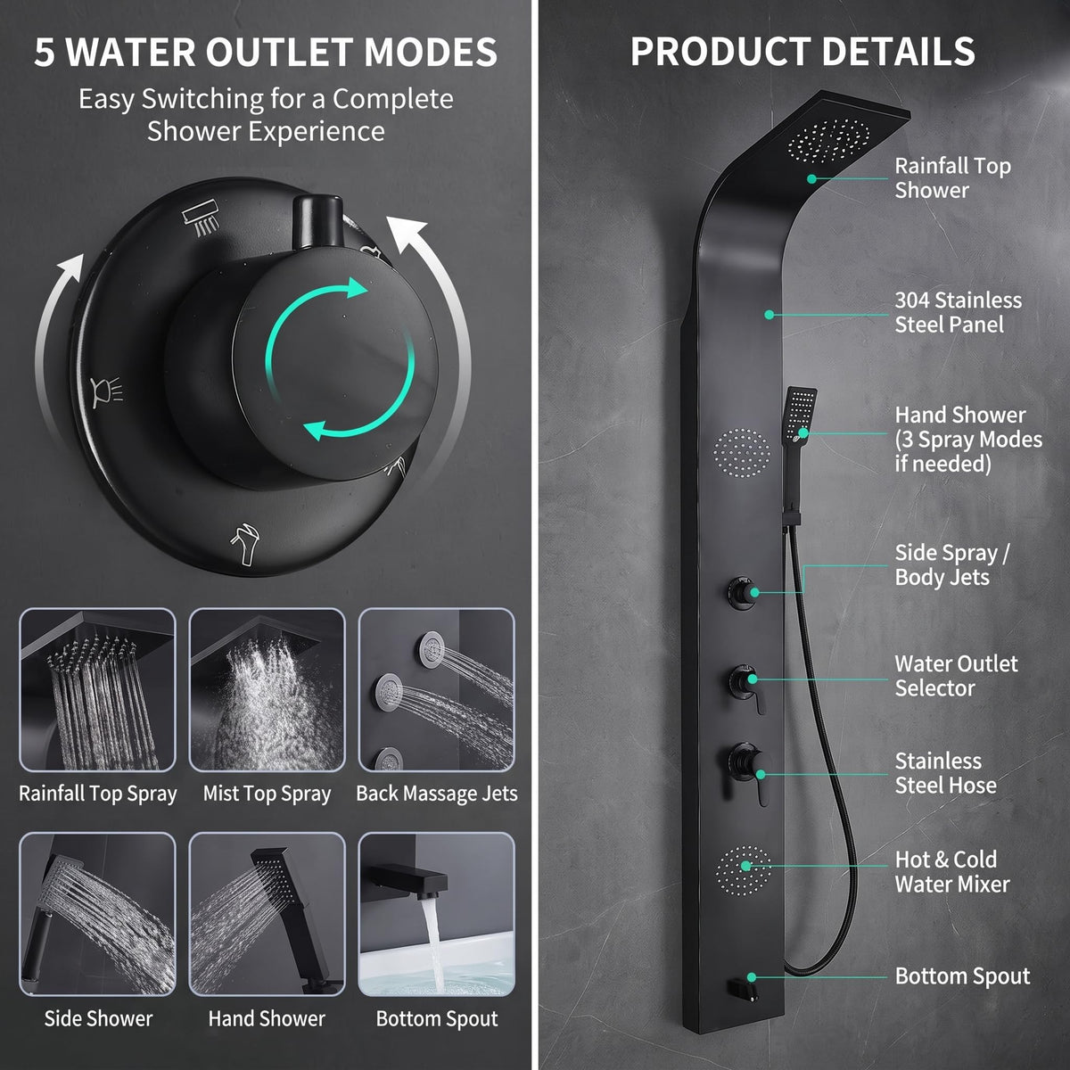 Rainfall and mist shower head detail on matte black shower tower for premium bathroom upgrade