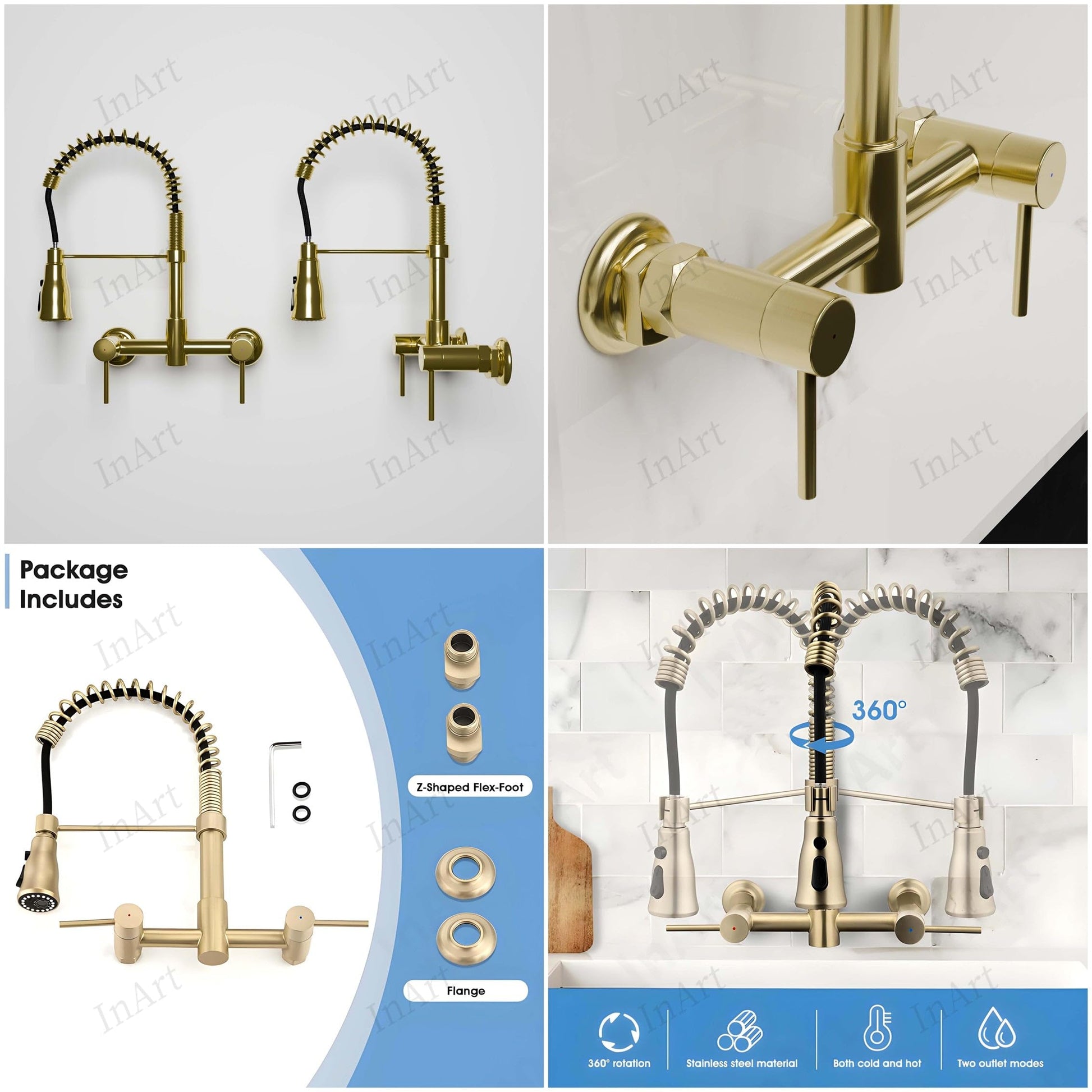 Kitchen tap mixer pull out showing wall plate and concealed fitting, brushed gold wall mounted sink mixer tap