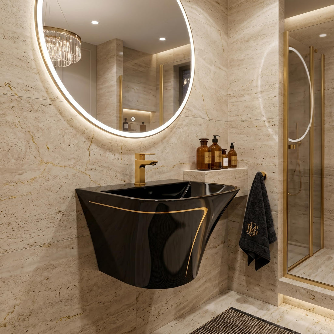 InArt wall mounted wash basin in glossy black ceramic, rectangular slim rim half pedestal, front view