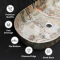 Table top basin design in green marble finish, rectangular countertop wash basin shown at side angle