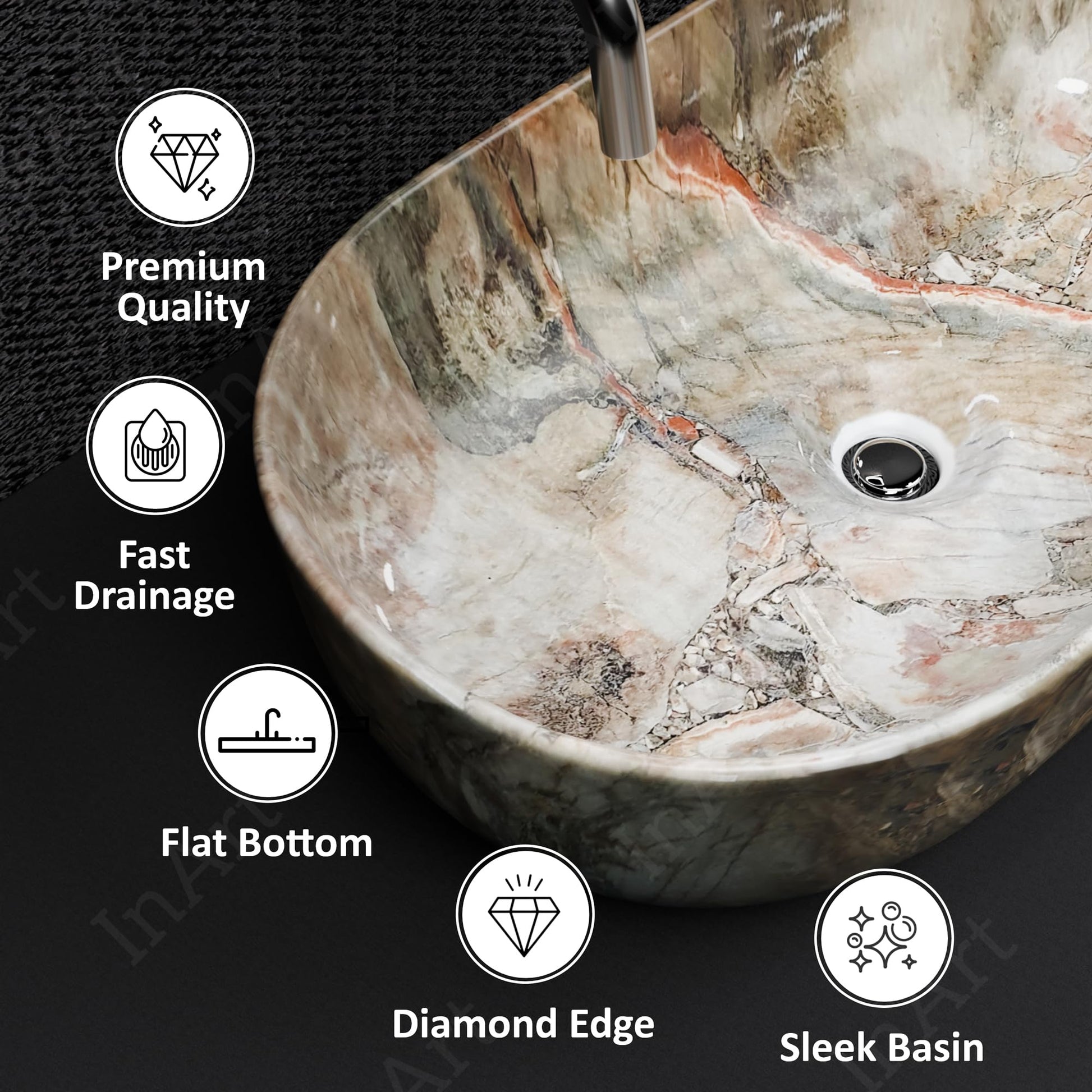 Table top basin design in green marble finish, rectangular countertop wash basin shown at side angle