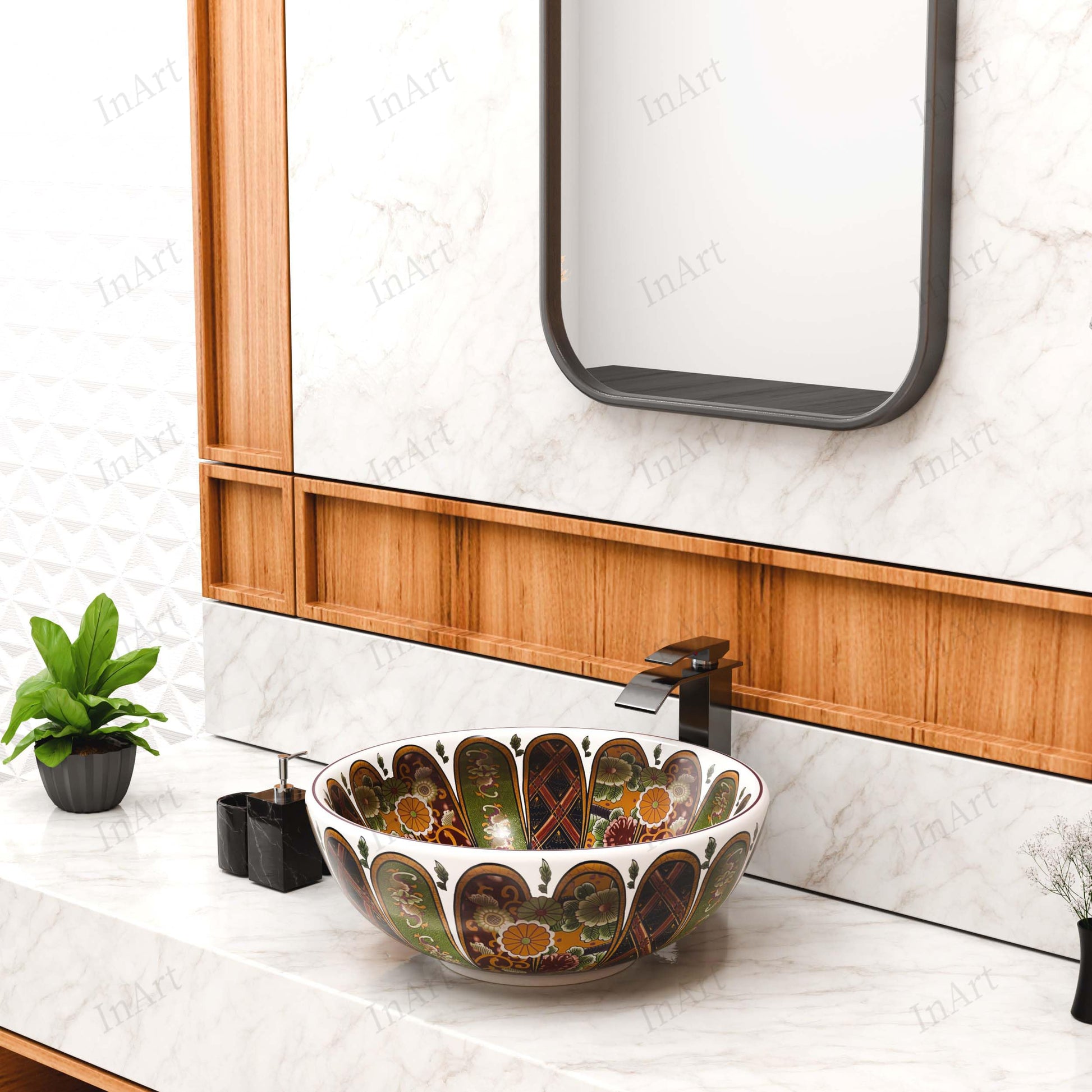 InArt art wash basin for bathroom, round tabletop ceramic basin with glossy multicolour Moroccan pattern