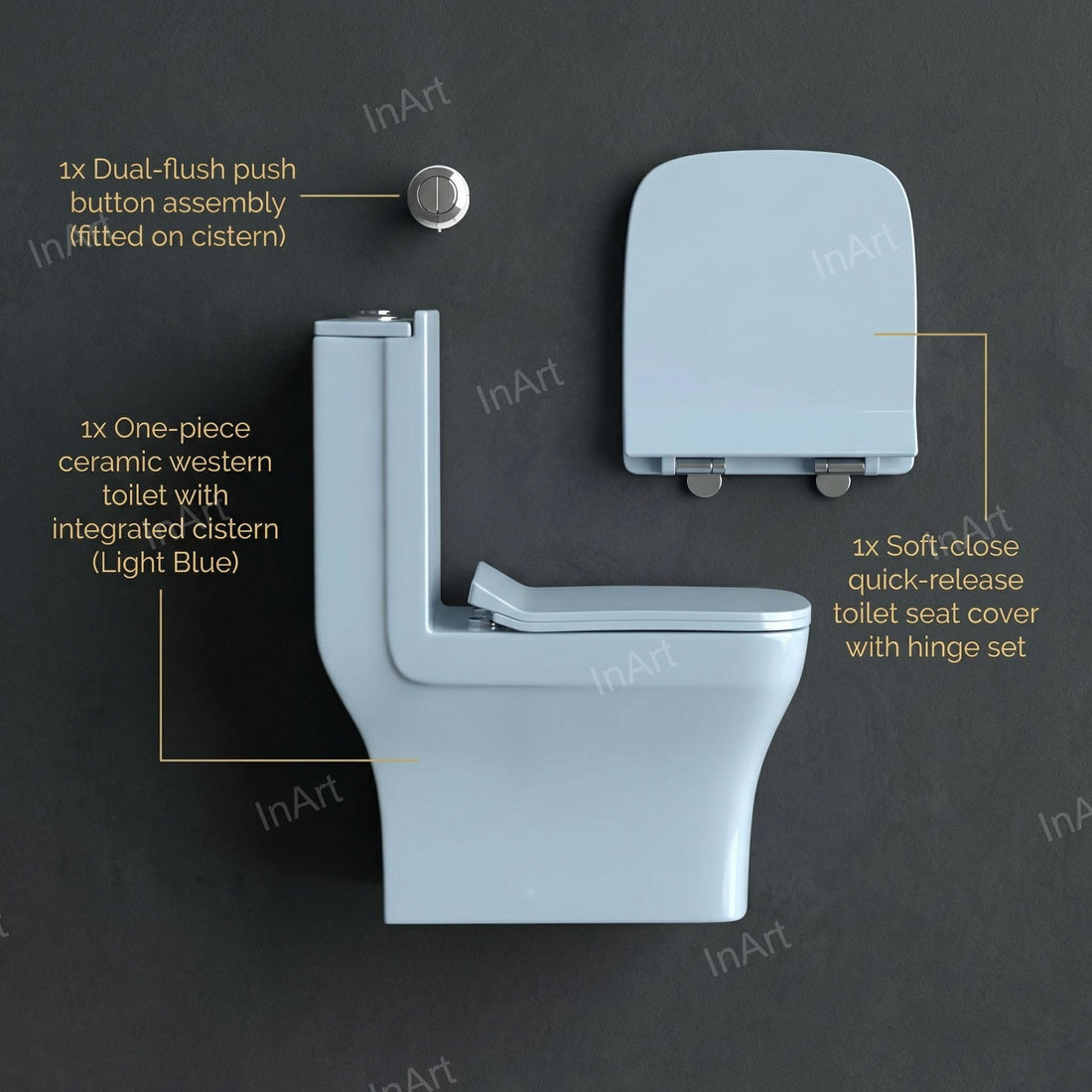 InArt ceramic one piece western toilet in light blue glossy finish, compact floor mounted P-trap commode front view