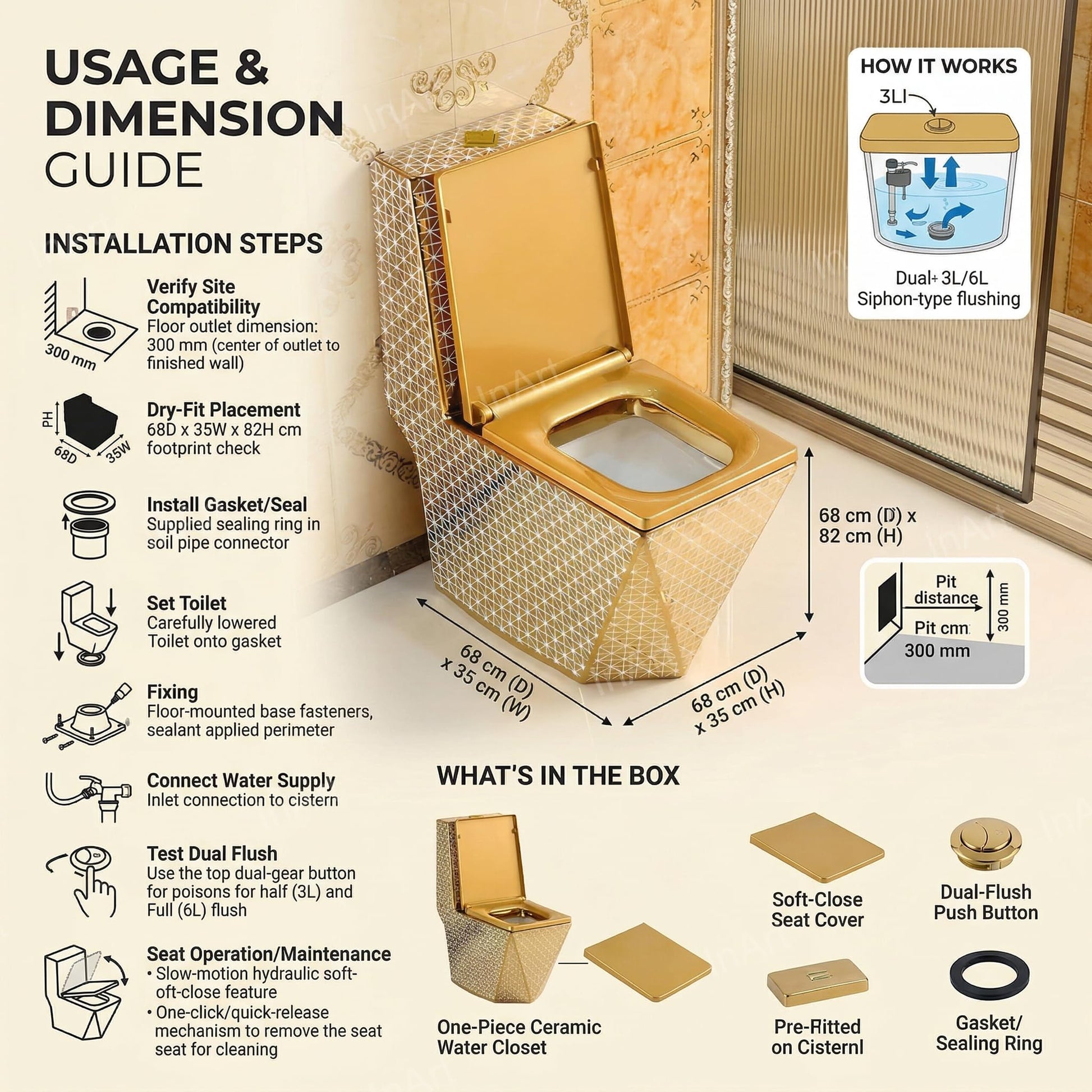 Elongated oval rim and bowl of gold ceramic western toilet, easy clean one piece water closet close-up
