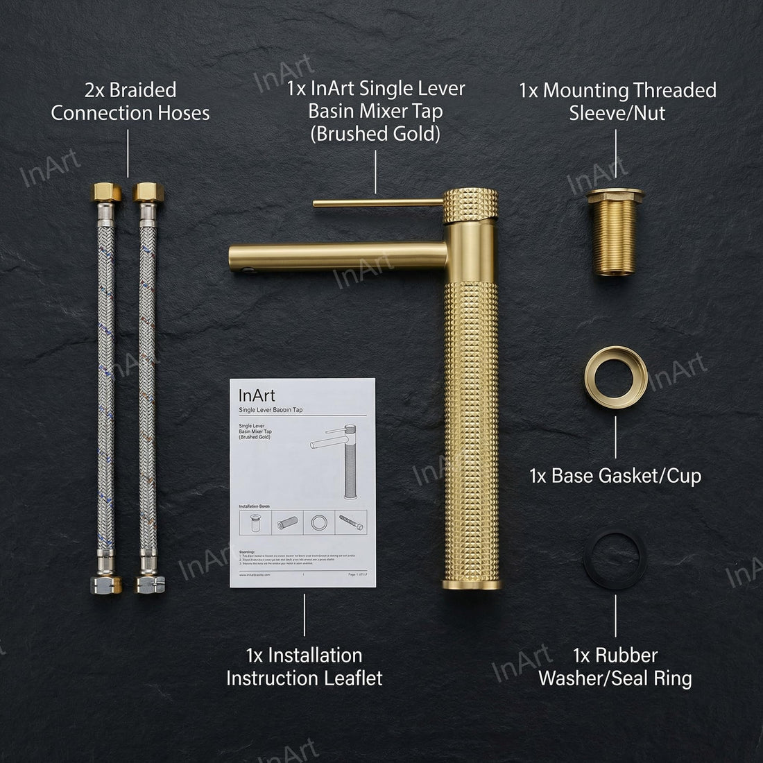 InArt single lever basin mixer tap in brushed gold brass with waterfall spout, deck mount main view
