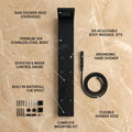 Matte black shower panel system, side angle view with handshower, waterfall outlet and body massage jets